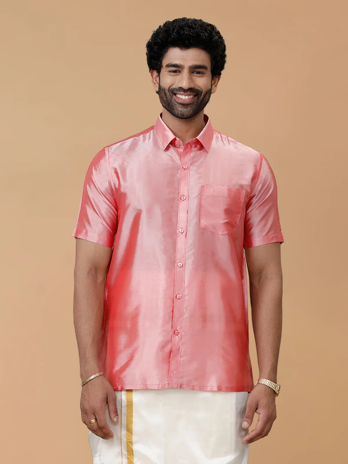 Ramraj Silk Feel Pink Shirt - Regular Fit