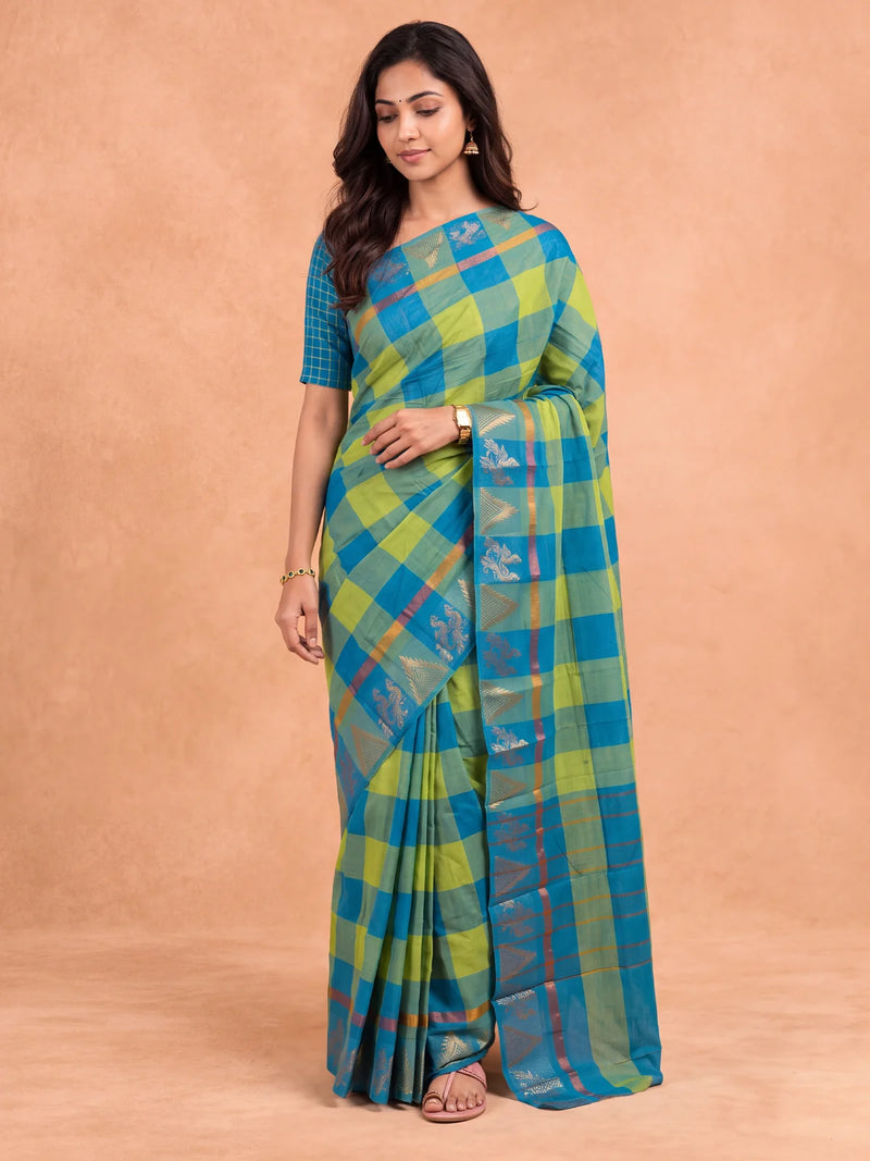 Ramyyam Women Chettinad Cotton Blue with Green Saree CCS19