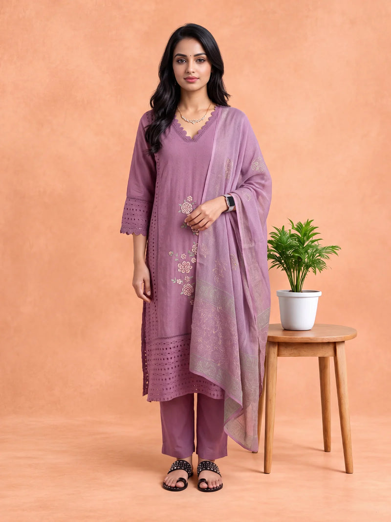 Ramyyam Women Embroidered Purple Kurti Set EKS153