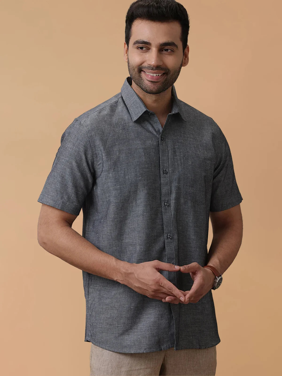 Ramraj Linen Cotton Grey Regular Fit Shirt LF7