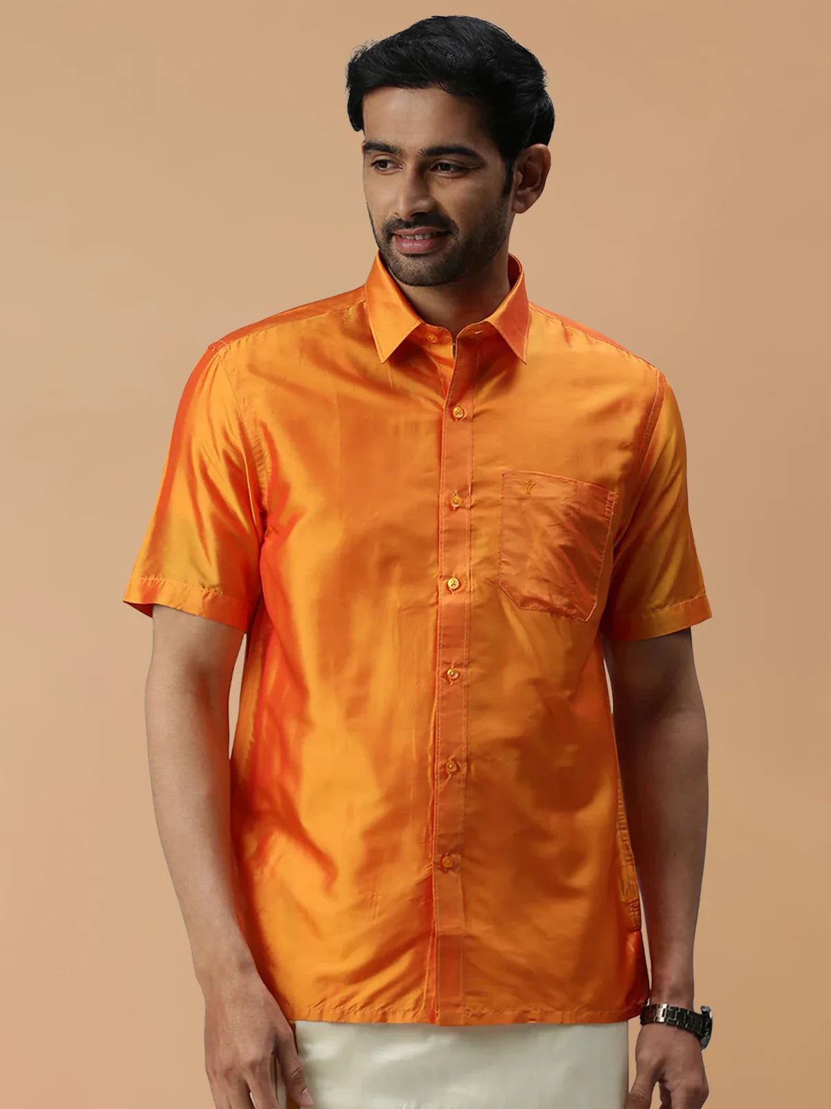 Ramraj Silk Feel Golden Orange Shirt - Regular Fit