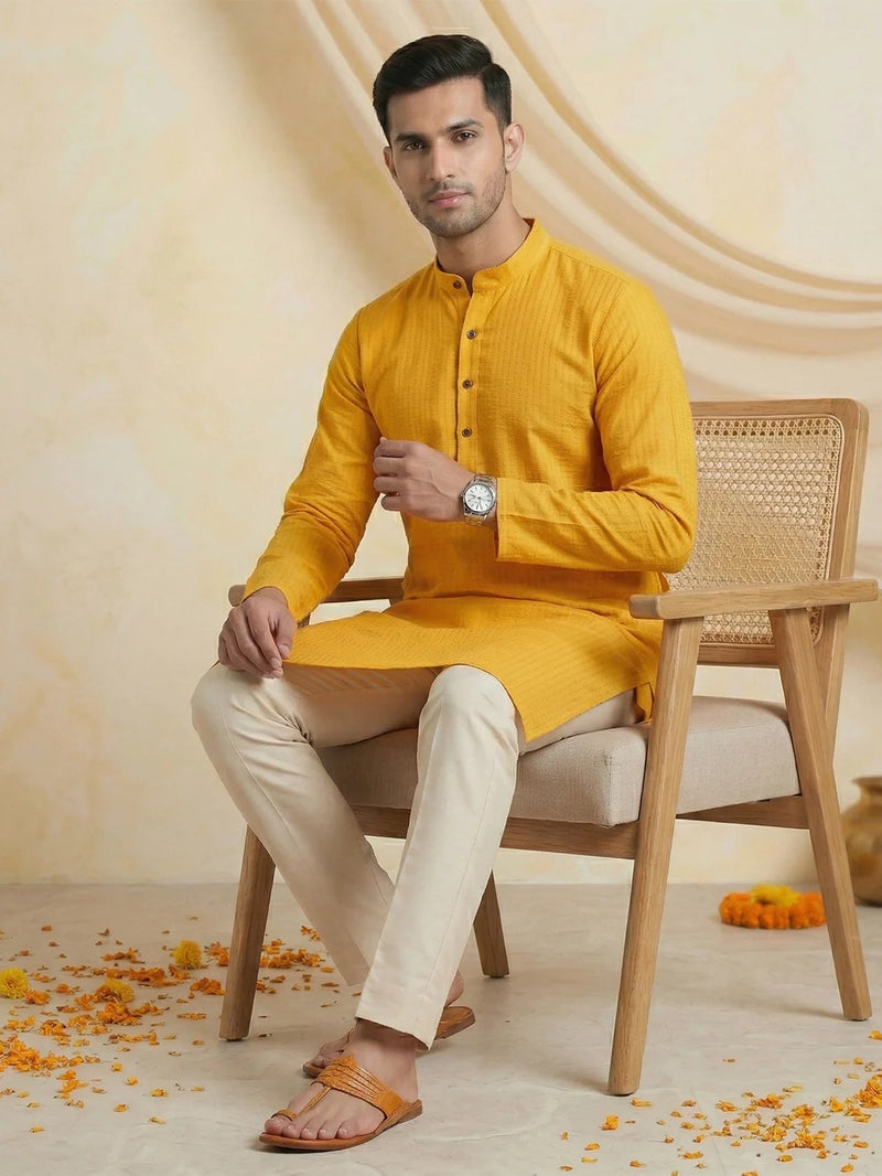 Ramraj Cotton Full Length Self Design Pocket Kurta Orangy Yellow Y4