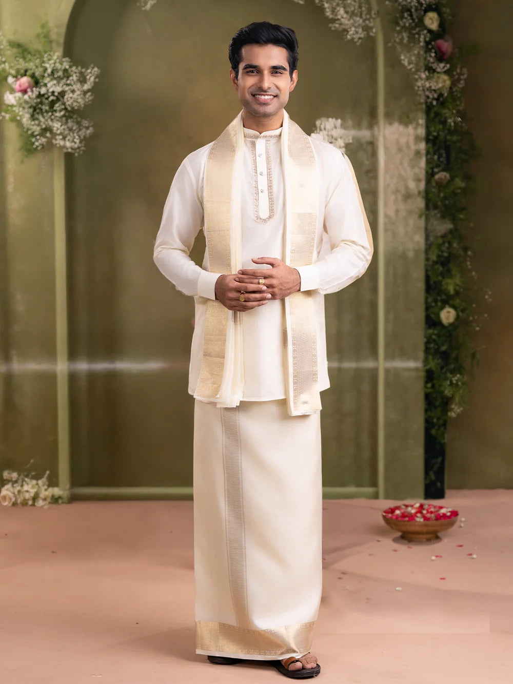 Ramraj Premium Pure Silk Cream Dhoti & Towel Set with 3" Jari Border – Virutcham
