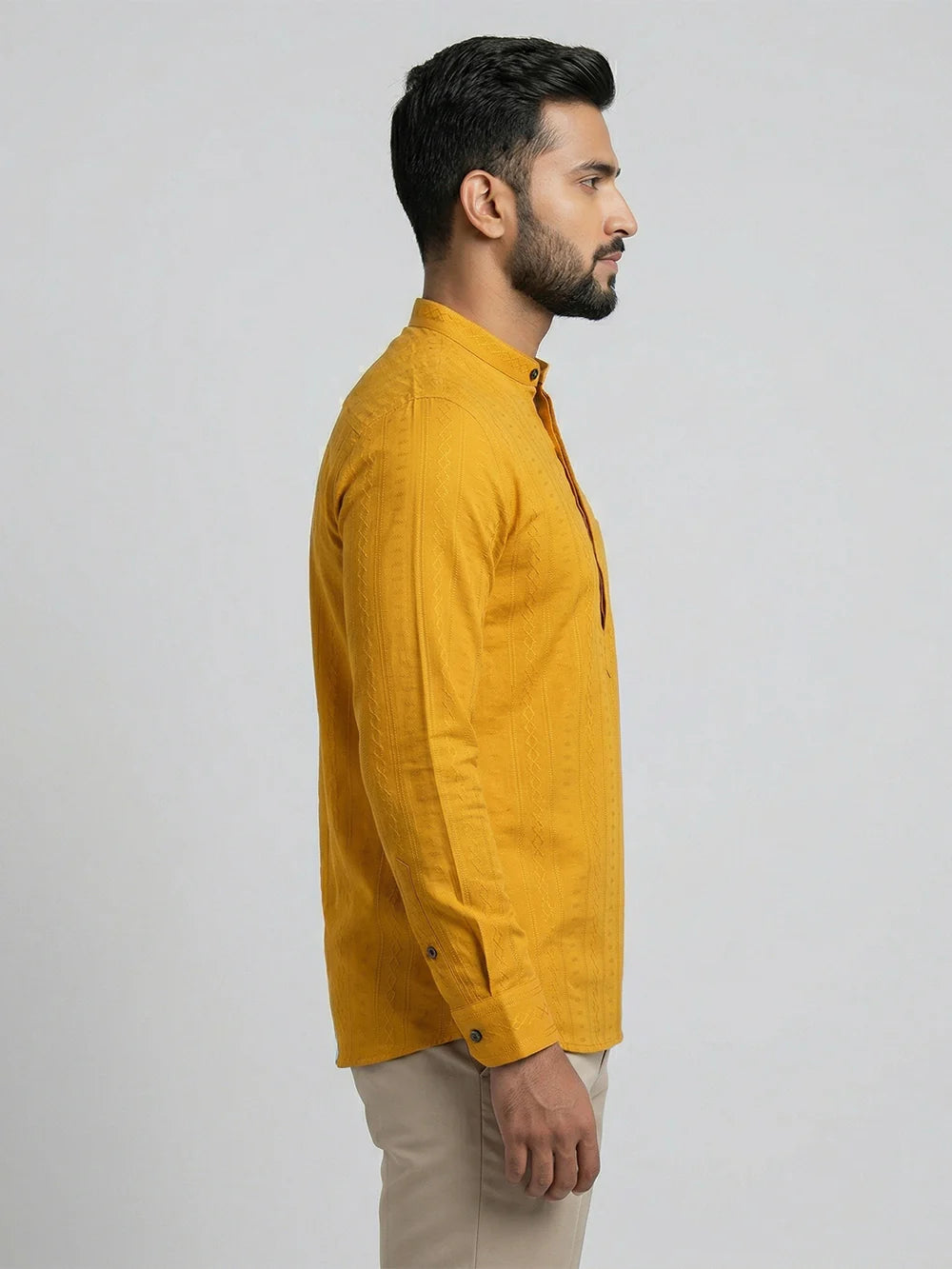 Ramraj Cotton Short Length Self Design Pocket Kurta Turmeric Yellow Y31