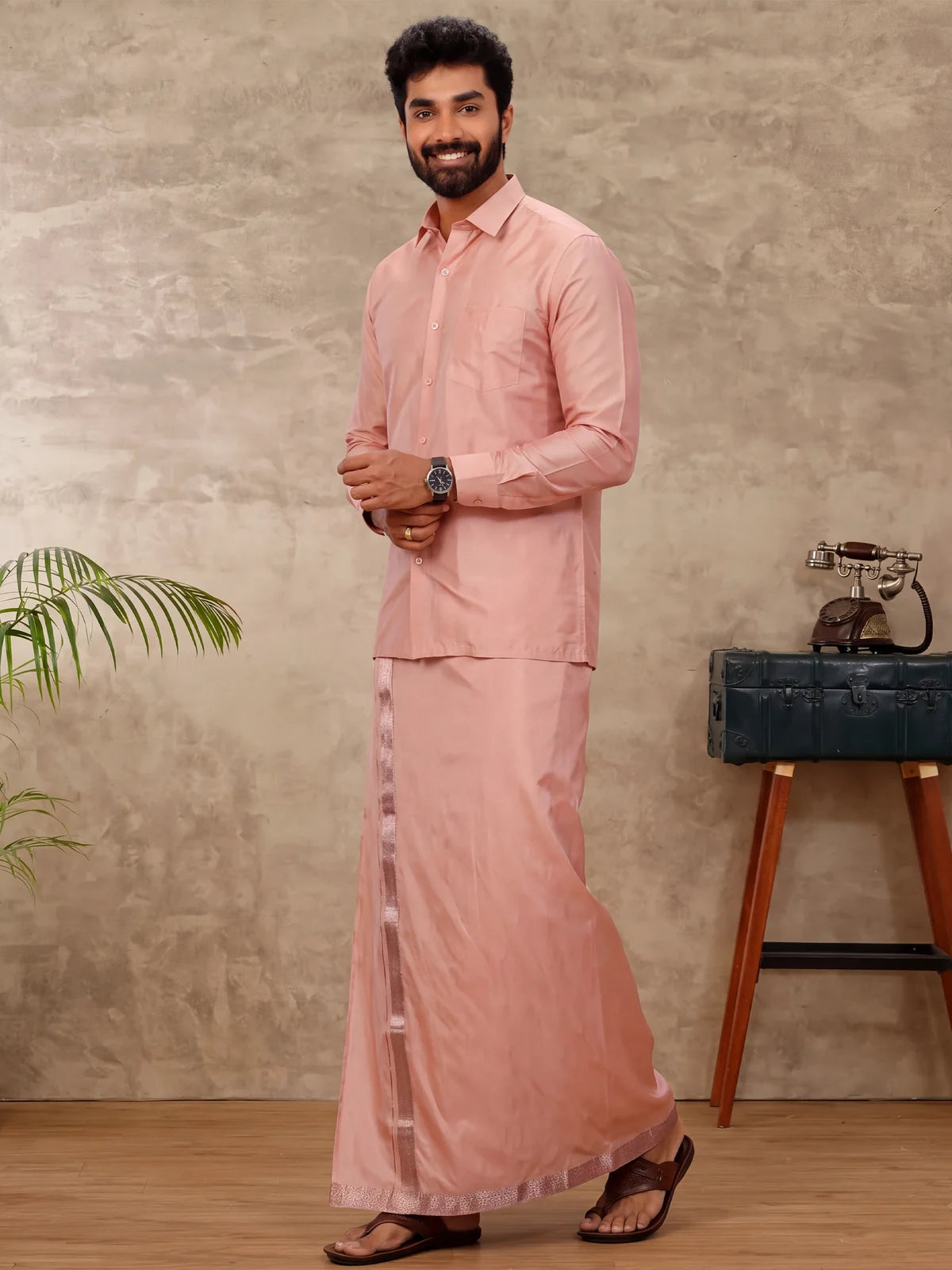 Ramraj Art Silk Copper Tone Shirt with Dhoti & Towel Set