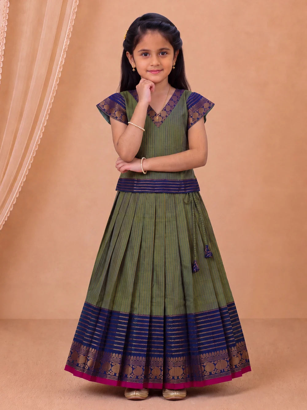 Ramyyam Girls Cotton Green with Blue Pavadai Set GPS54