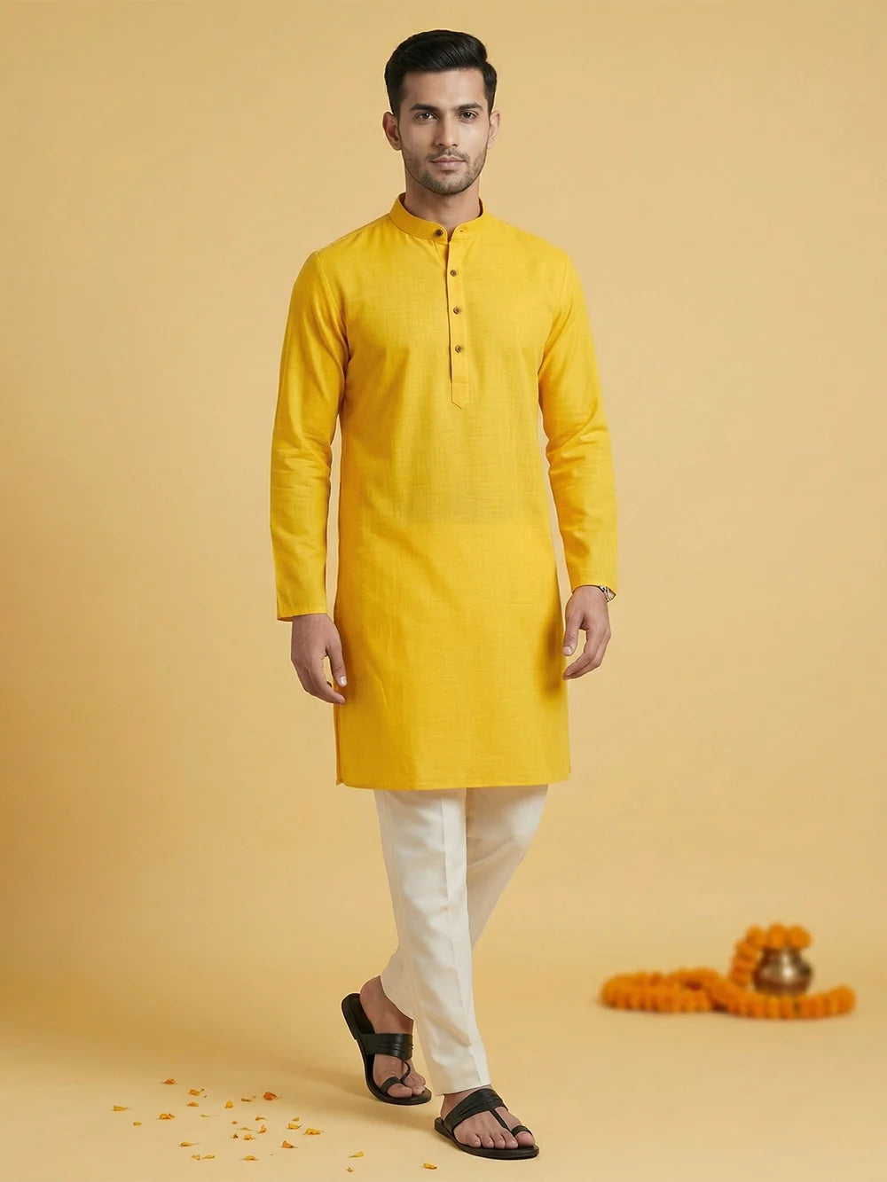 Ramraj Cotton Medium Length Self Design Pocket Kurta Yellow D2
