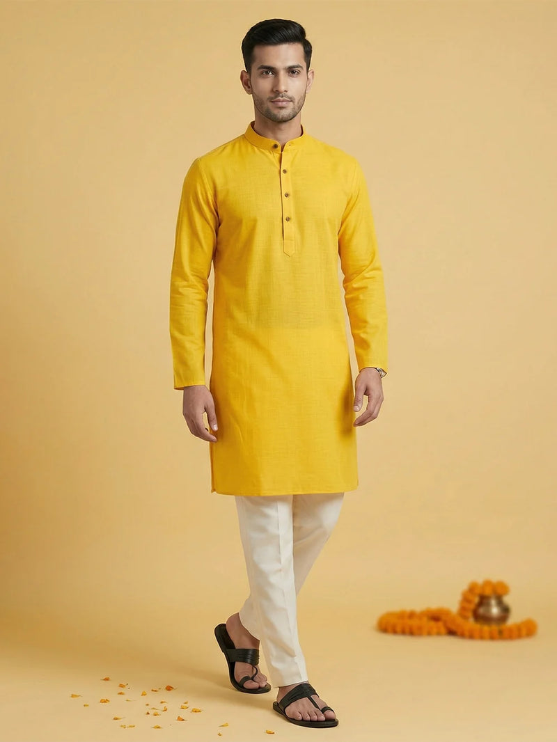 Ramraj Cotton Medium Length Self Design Pocket Kurta Yellow D2