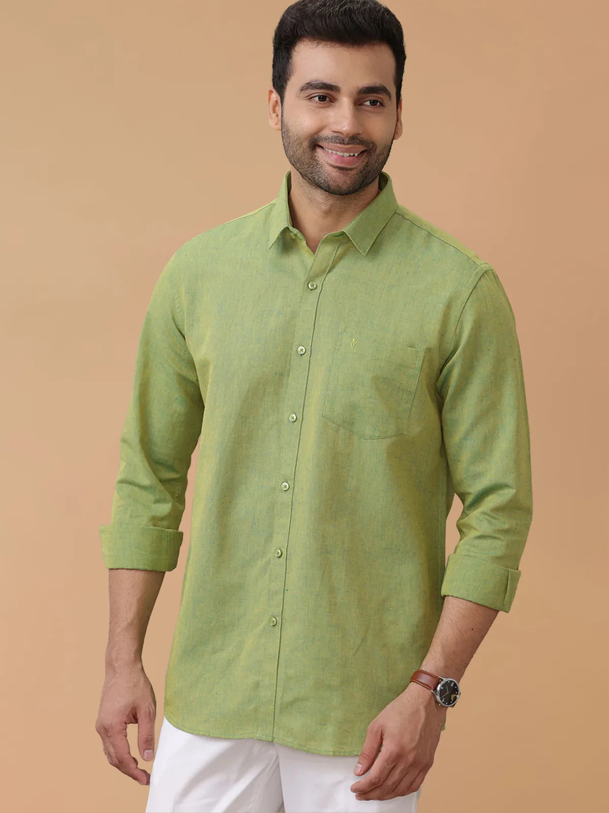 Ramraj Linen Cotton Yellowish Green Regular Fit Shirt LF9