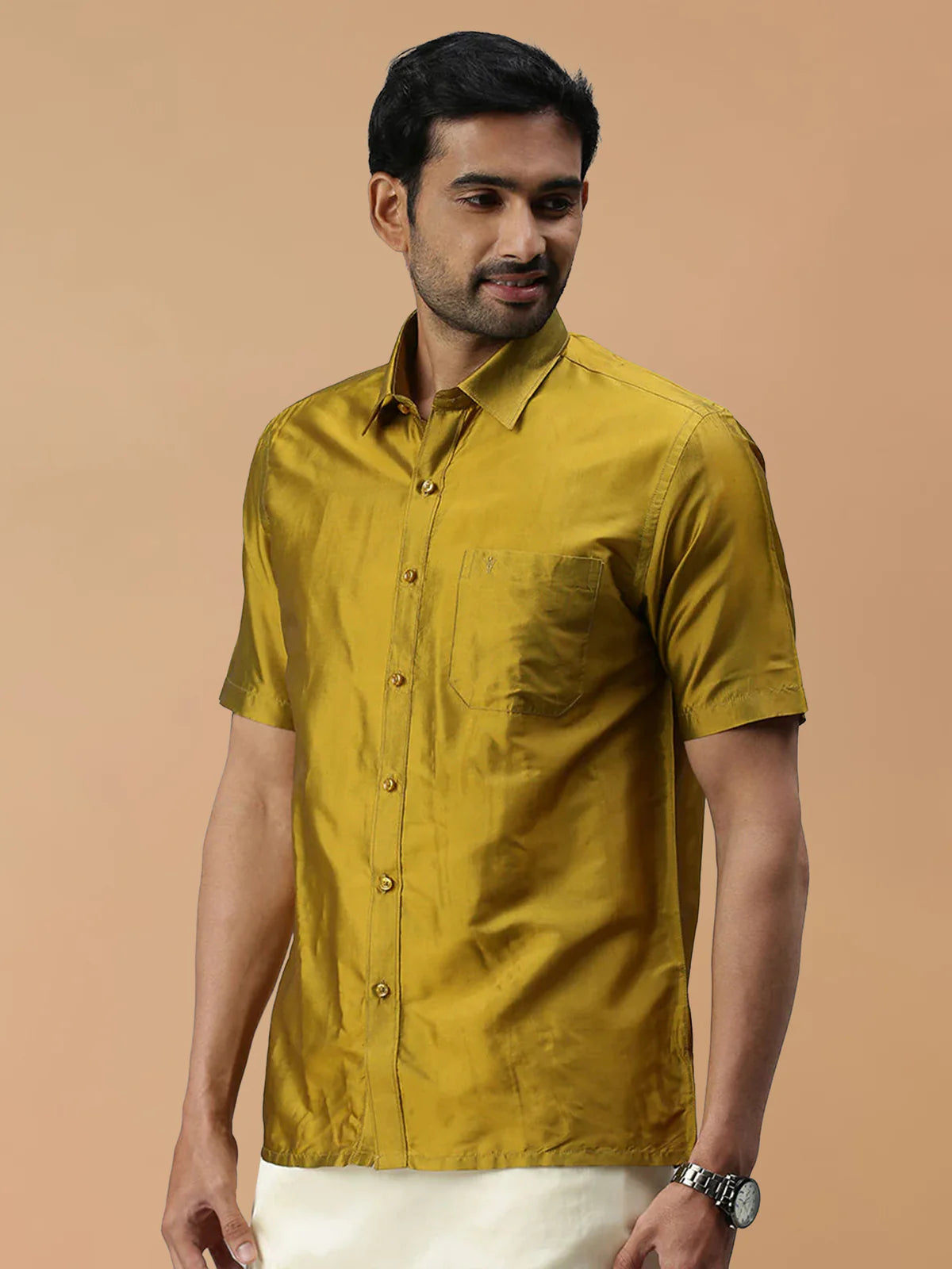 Ramraj Silk Feel Olive Green Shirt - Regular Fit
