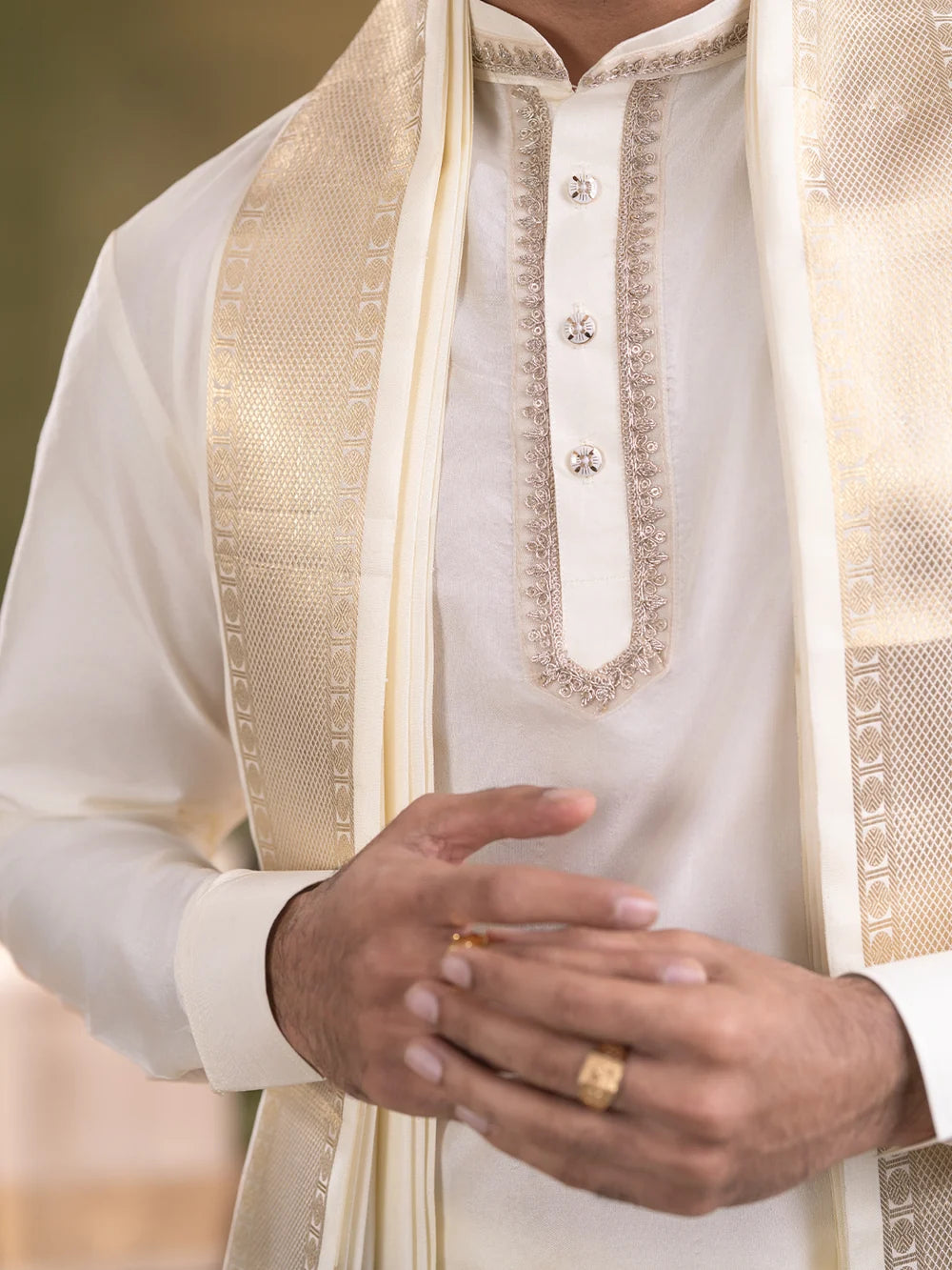 Ramraj Premium Pure Silk Cream Dhoti & Towel Set with 3" Jari Border – Virutcham