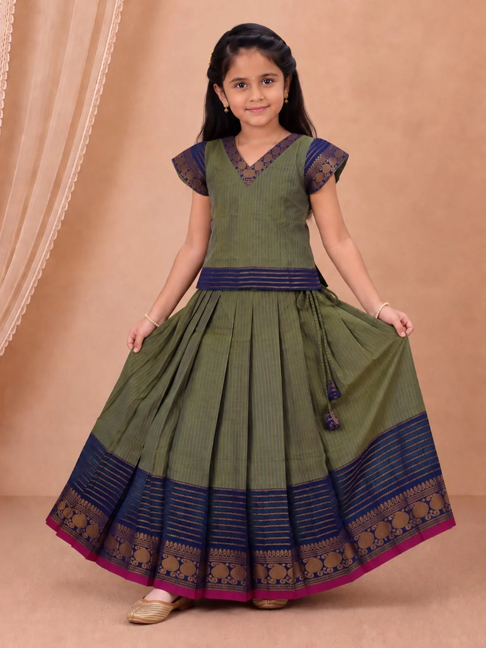 Ramyyam Girls Cotton Green with Blue Pavadai Set GPS54