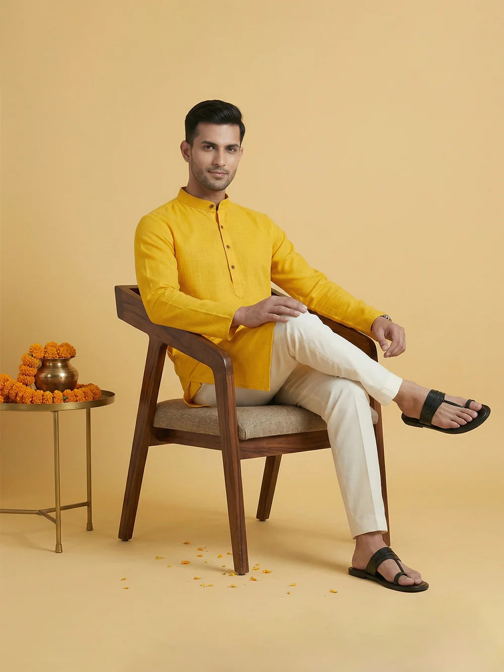 Ramraj Cotton Medium Length Self Design Pocket Kurta Yellow D2
