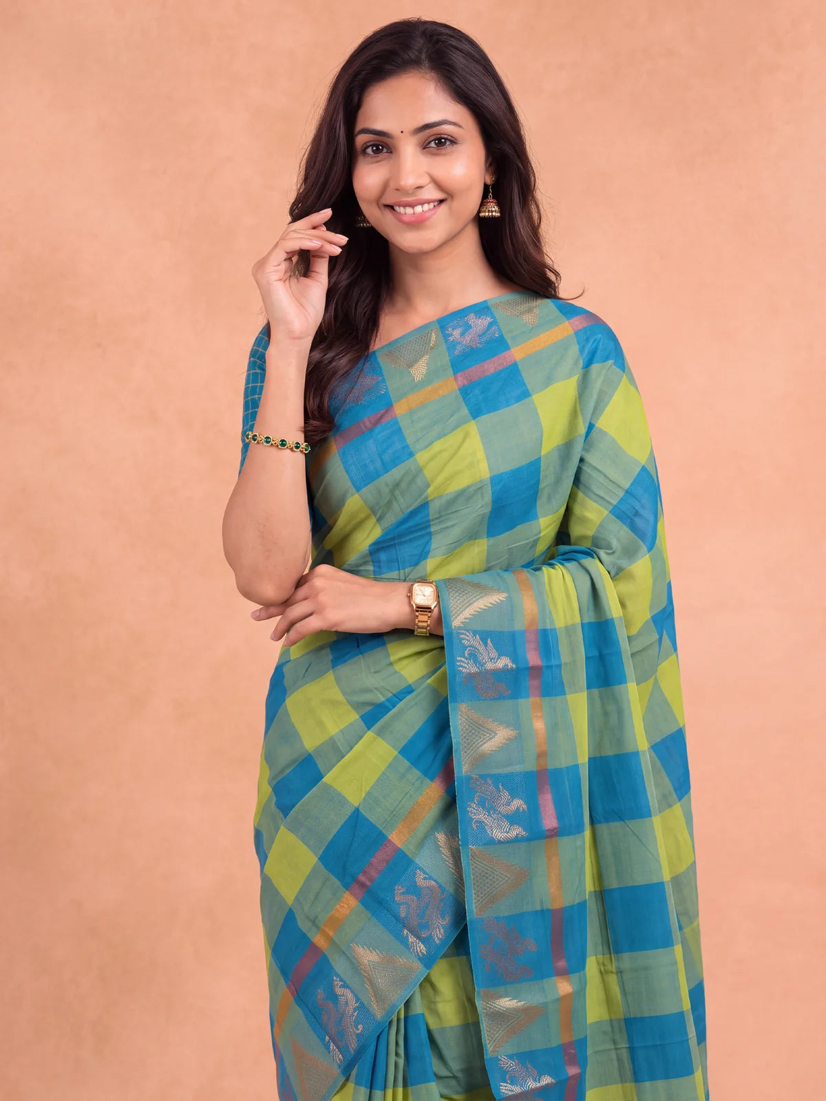 Ramyyam Women Chettinad Cotton Blue with Green Saree CCS19