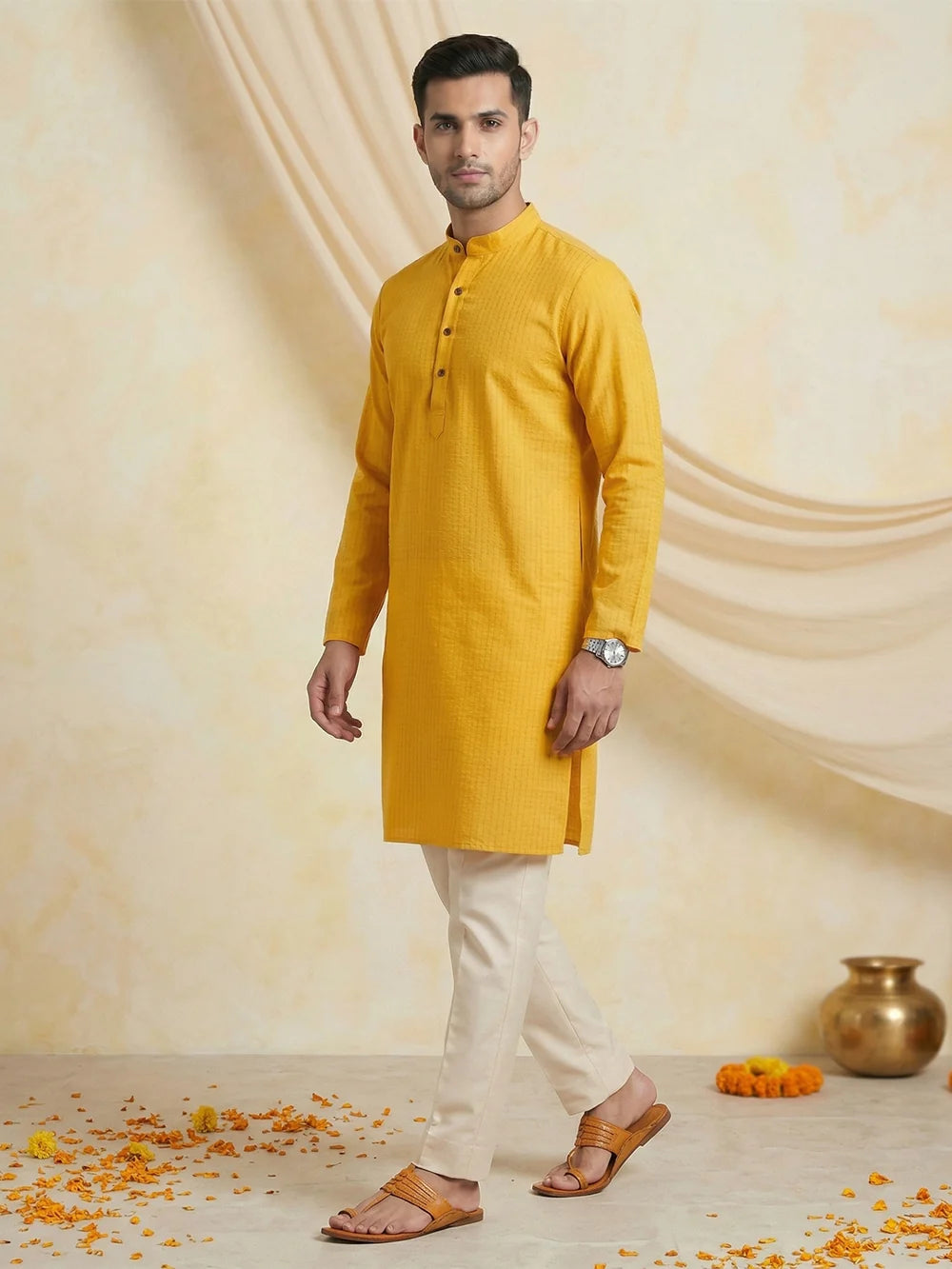 Ramraj Cotton Full Length Self Design Pocket Kurta Orangy Yellow Y4
