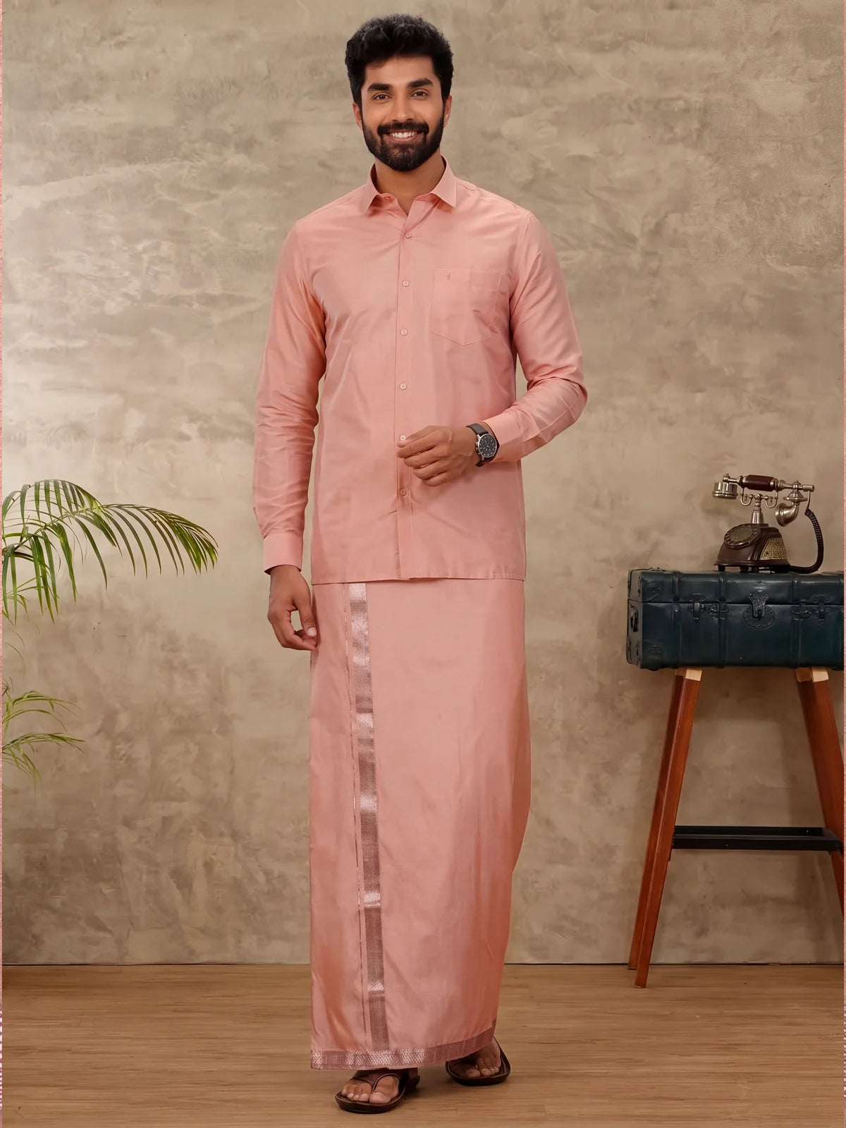 Ramraj Art Silk Copper Tone Shirt with Dhoti & Towel Set