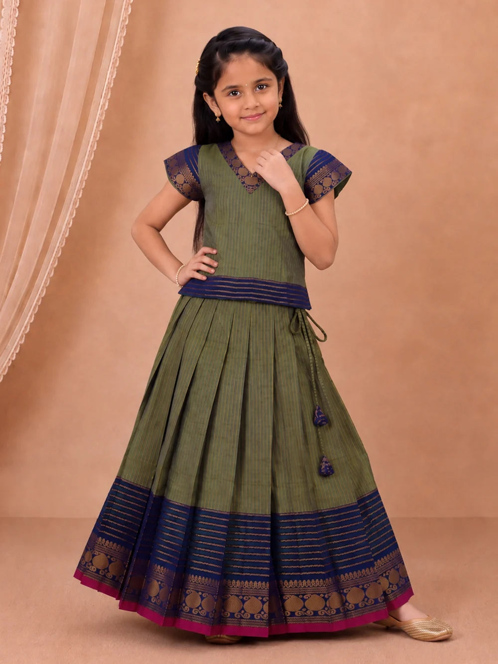 Ramyyam Girls Cotton Green with Blue Pavadai Set GPS54