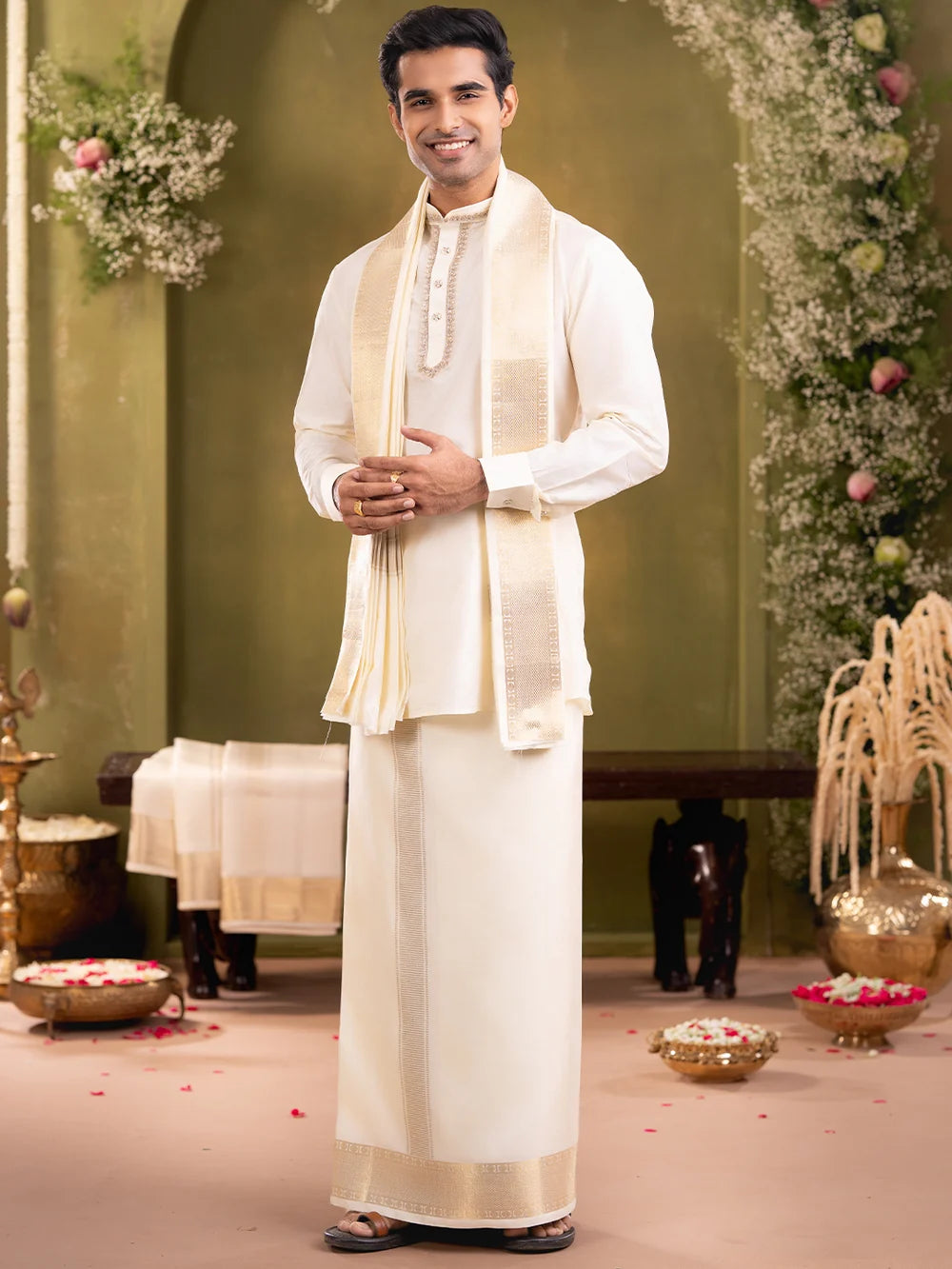 Ramraj Premium Pure Silk Cream Dhoti & Towel Set with 3" Jari Border – Virutcham