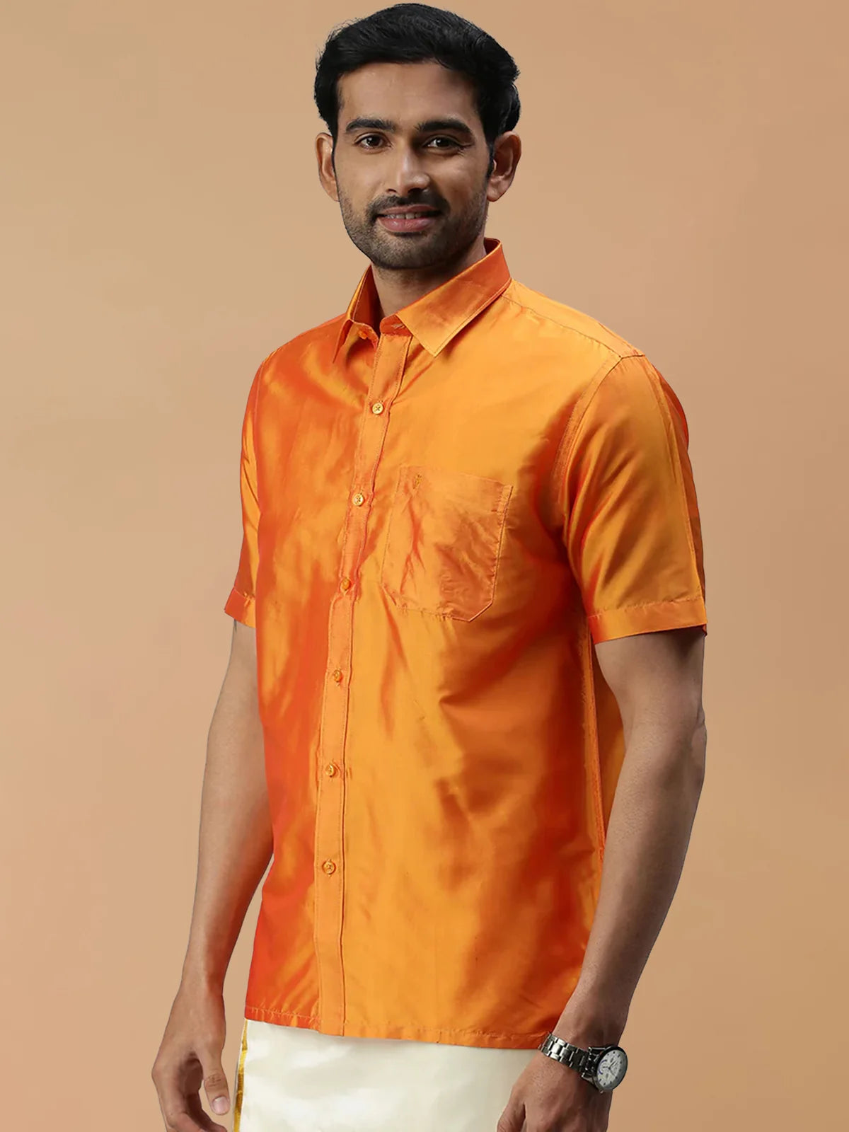 Ramraj Silk Feel Golden Orange Shirt - Regular Fit