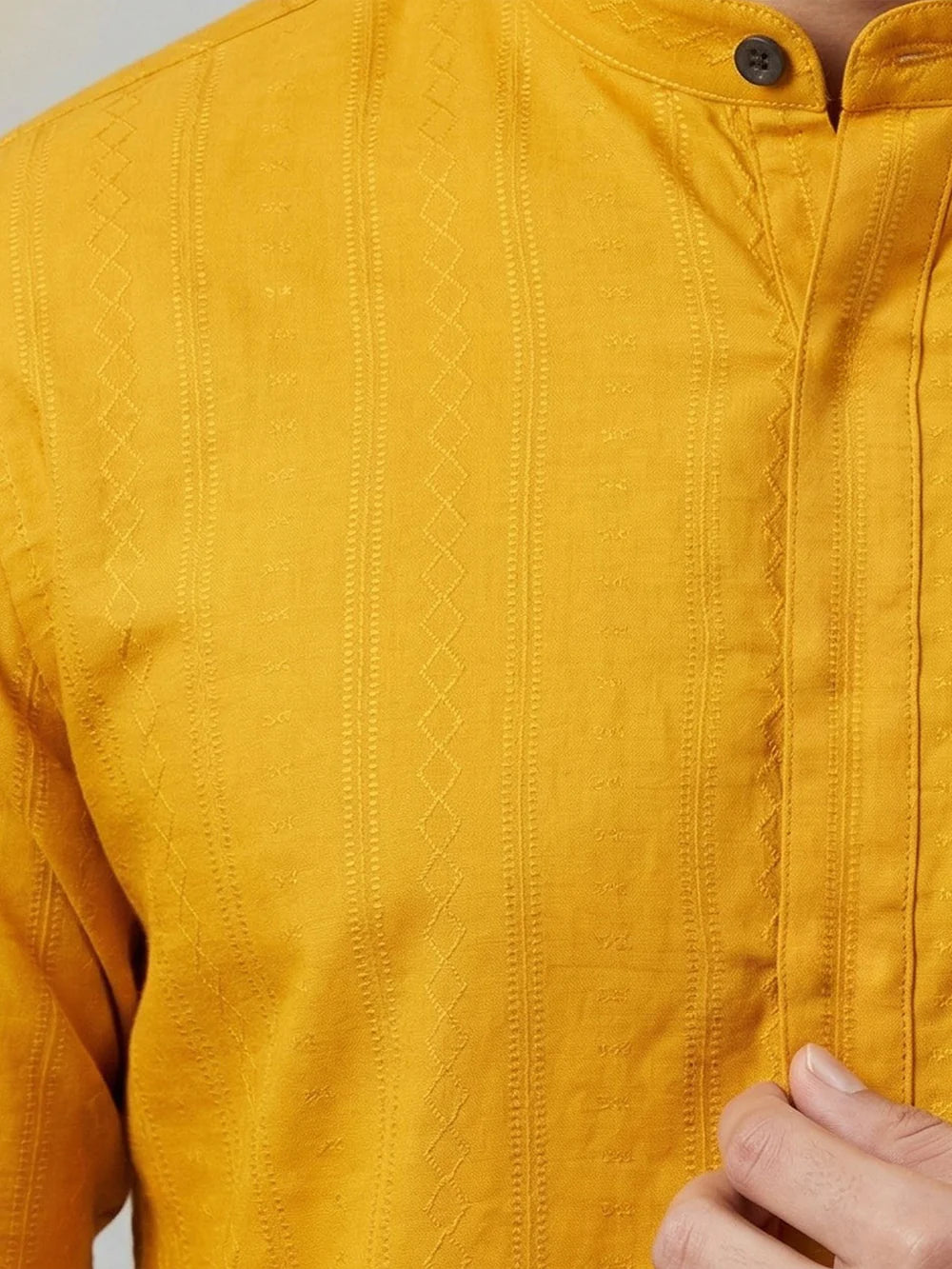 Ramraj Cotton Short Length Self Design Pocket Kurta Turmeric Yellow Y31