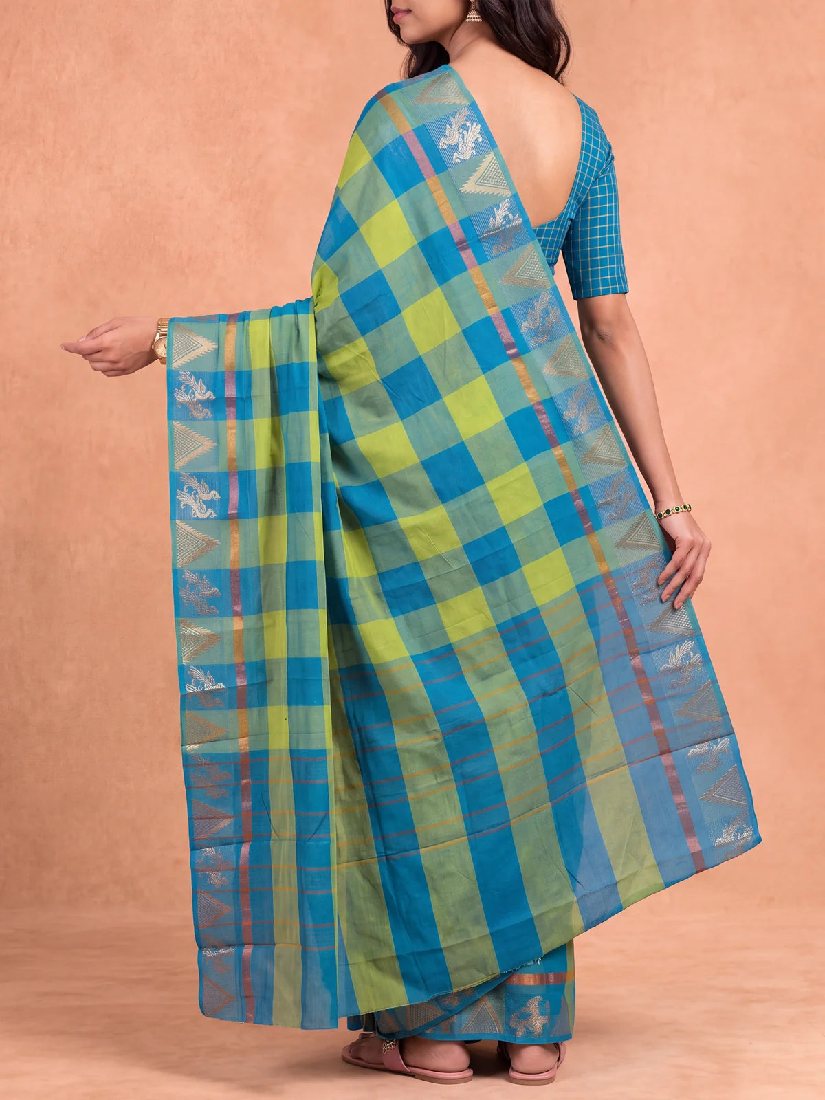 Ramyyam Women Chettinad Cotton Blue with Green Saree CCS19