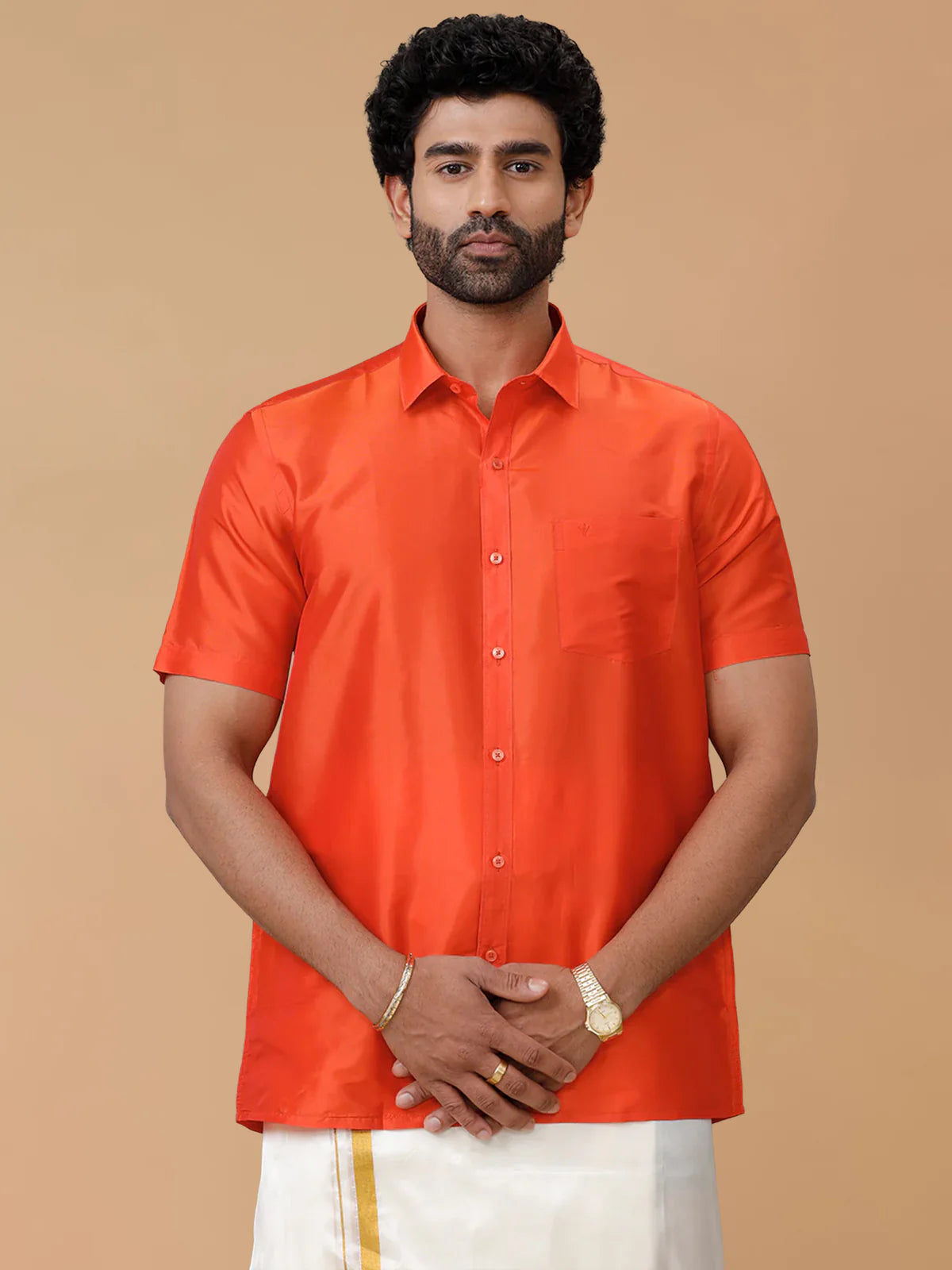 Ramraj Silk Feel Dark Orange Shirt - Regular Fit