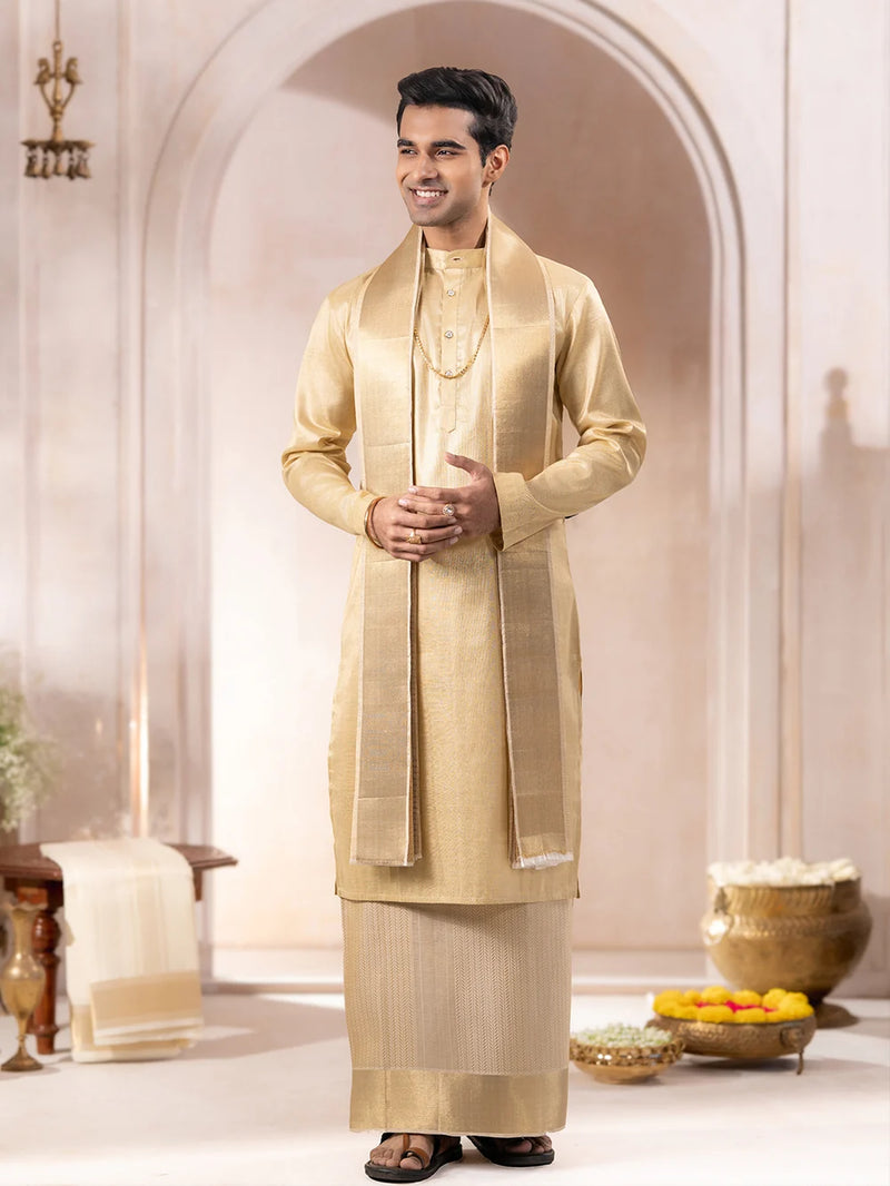 Ramraj Pure Silk Half Fine Jari Self-Weaving Dhoti & Towel Set with 4½" Jari Border – Amirtham