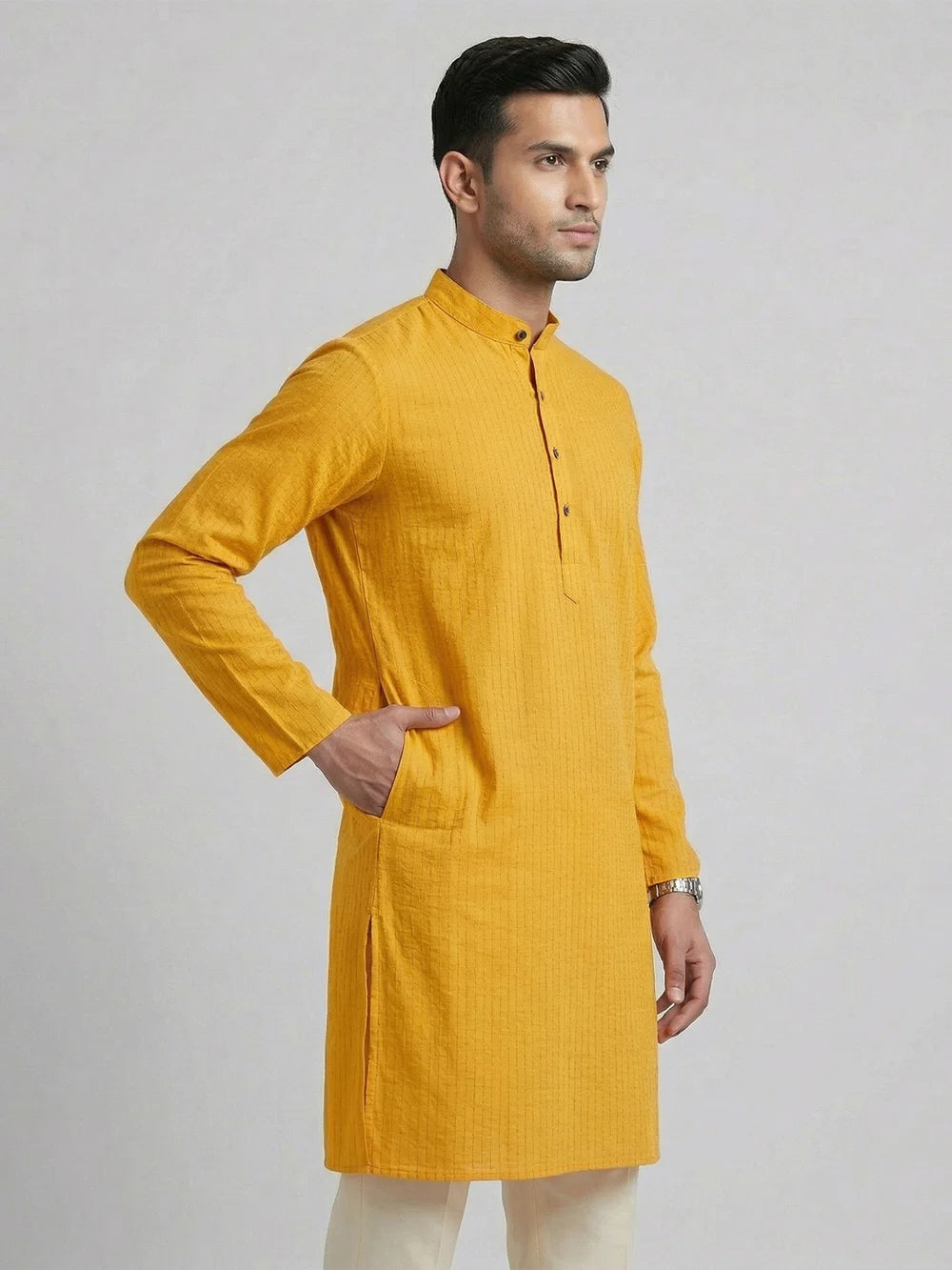 Ramraj Cotton Full Length Self Design Pocket Kurta Orangy Yellow Y4