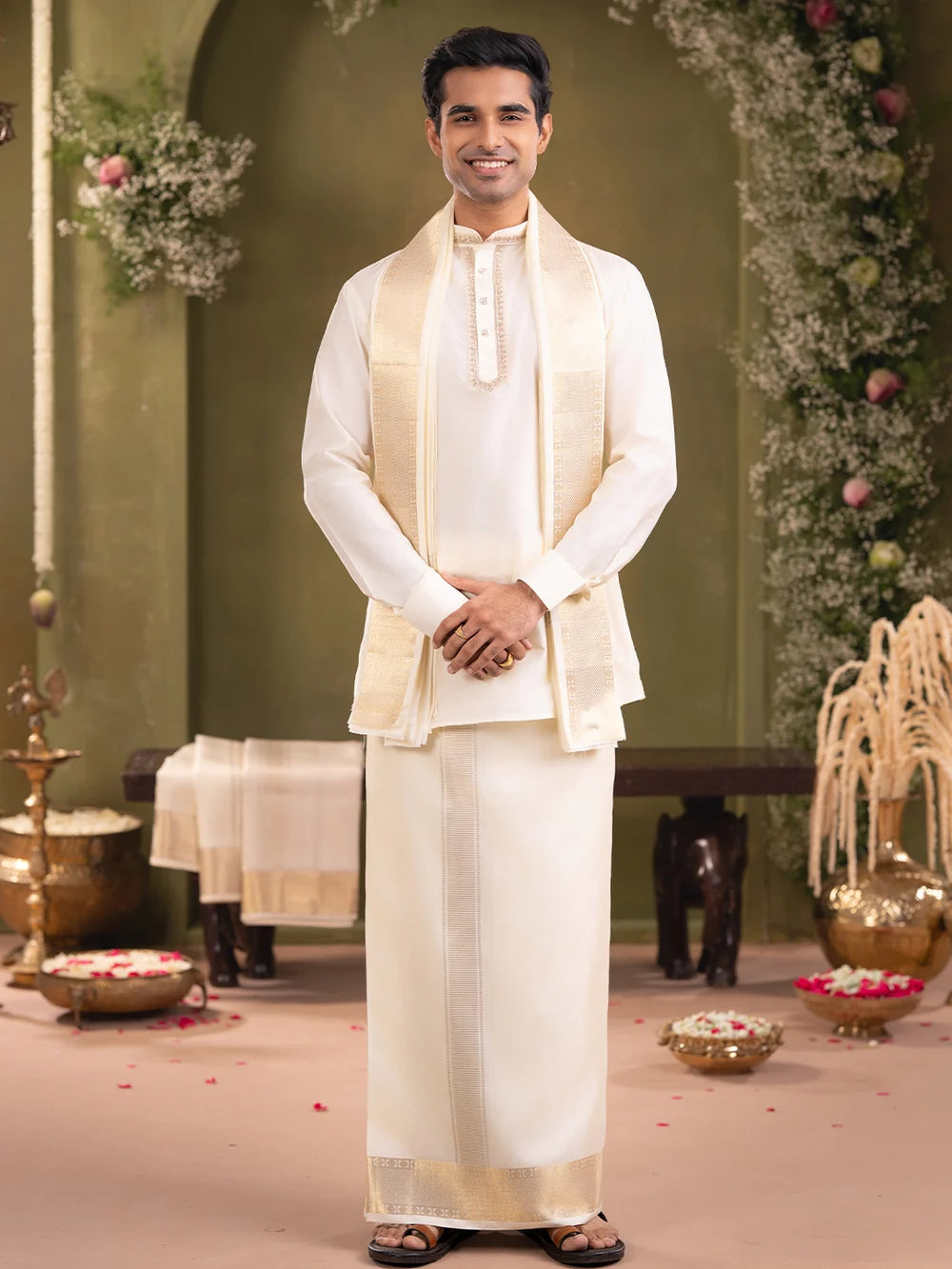 Ramraj Premium Pure Silk Cream Dhoti & Towel Set with 3" Jari Border – Virutcham