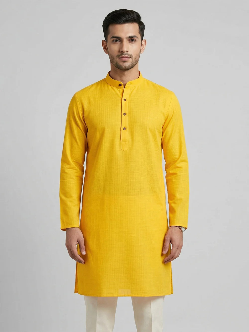 Ramraj Cotton Medium Length Self Design Pocket Kurta Yellow D2