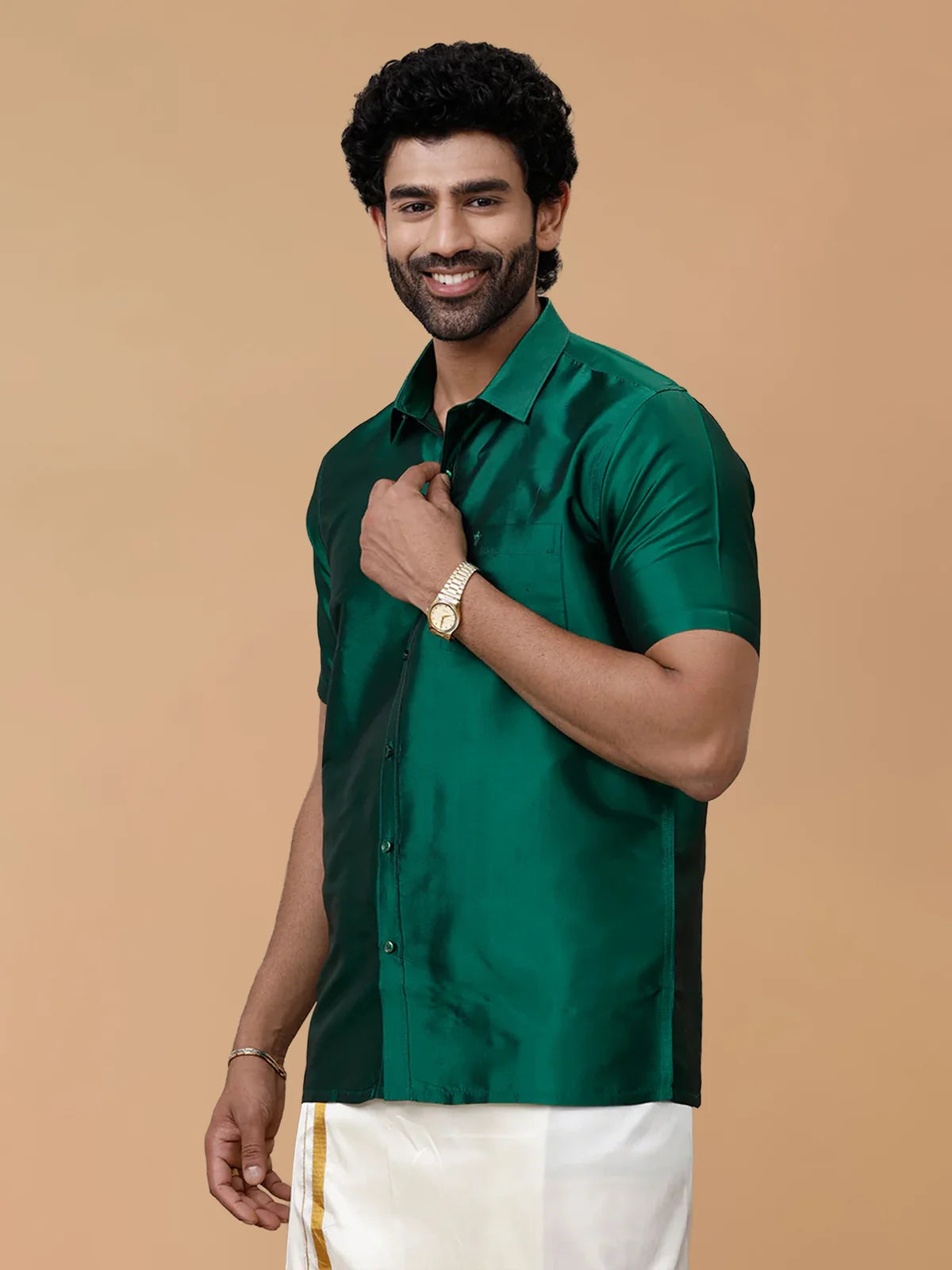 Ramraj Silk Feel Dark Green Shirt - Regular Fit