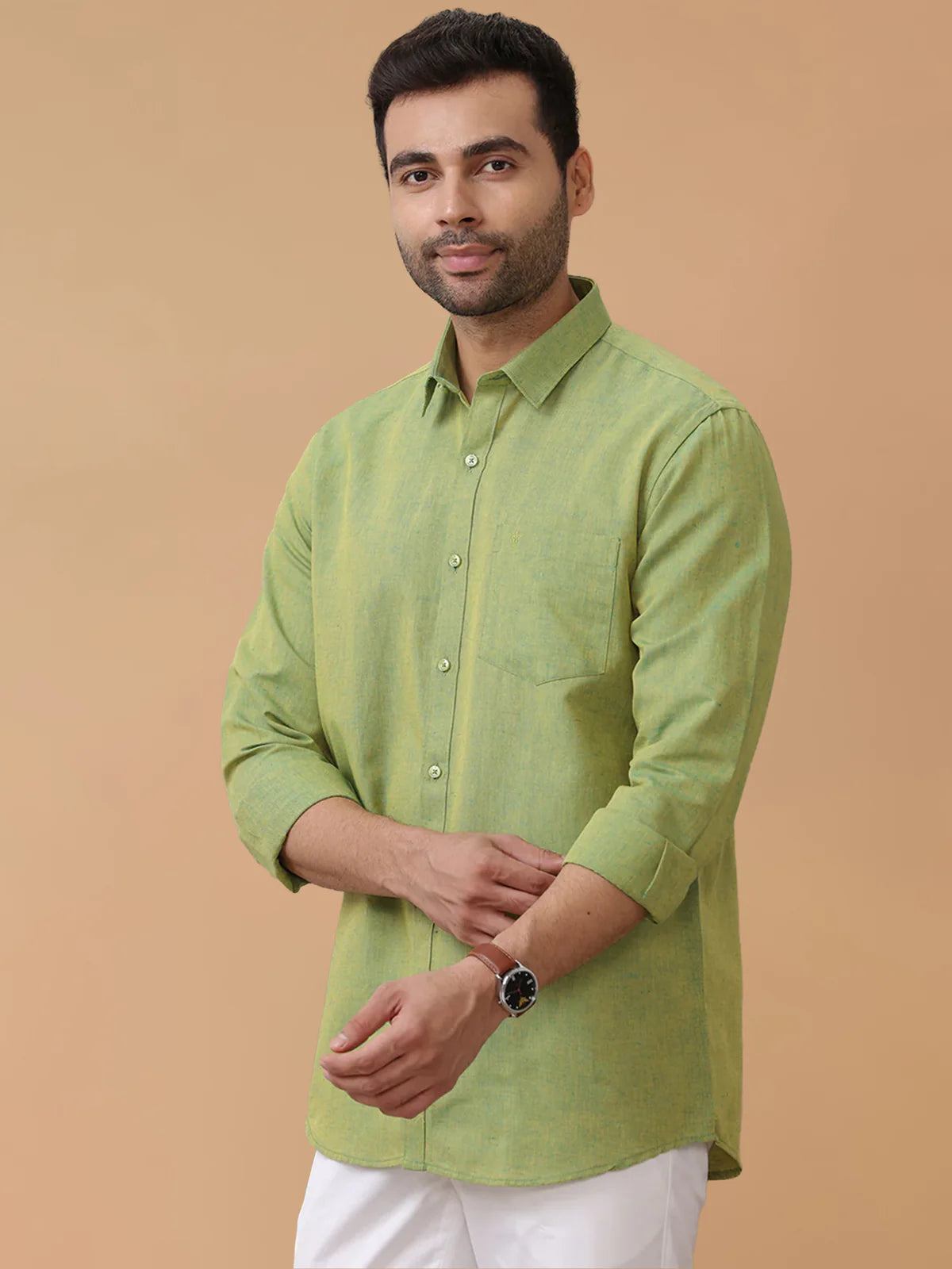 Ramraj Linen Cotton Yellowish Green Regular Fit Shirt LF9