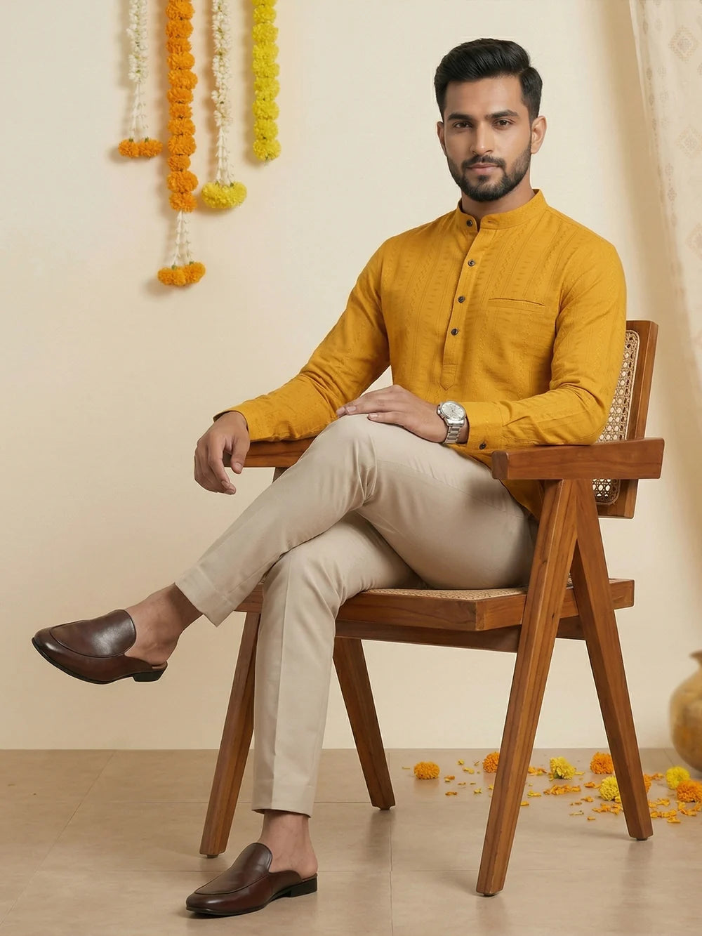 Ramraj Cotton Short Length Self Design Pocket Kurta Turmeric Yellow Y31