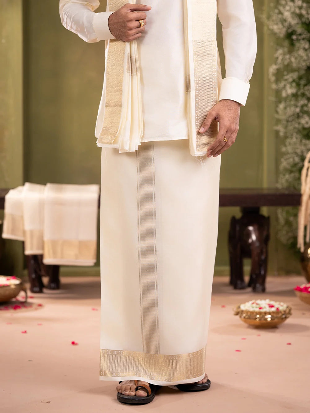 Ramraj Premium Pure Silk Cream Dhoti & Towel Set with 3" Jari Border – Virutcham