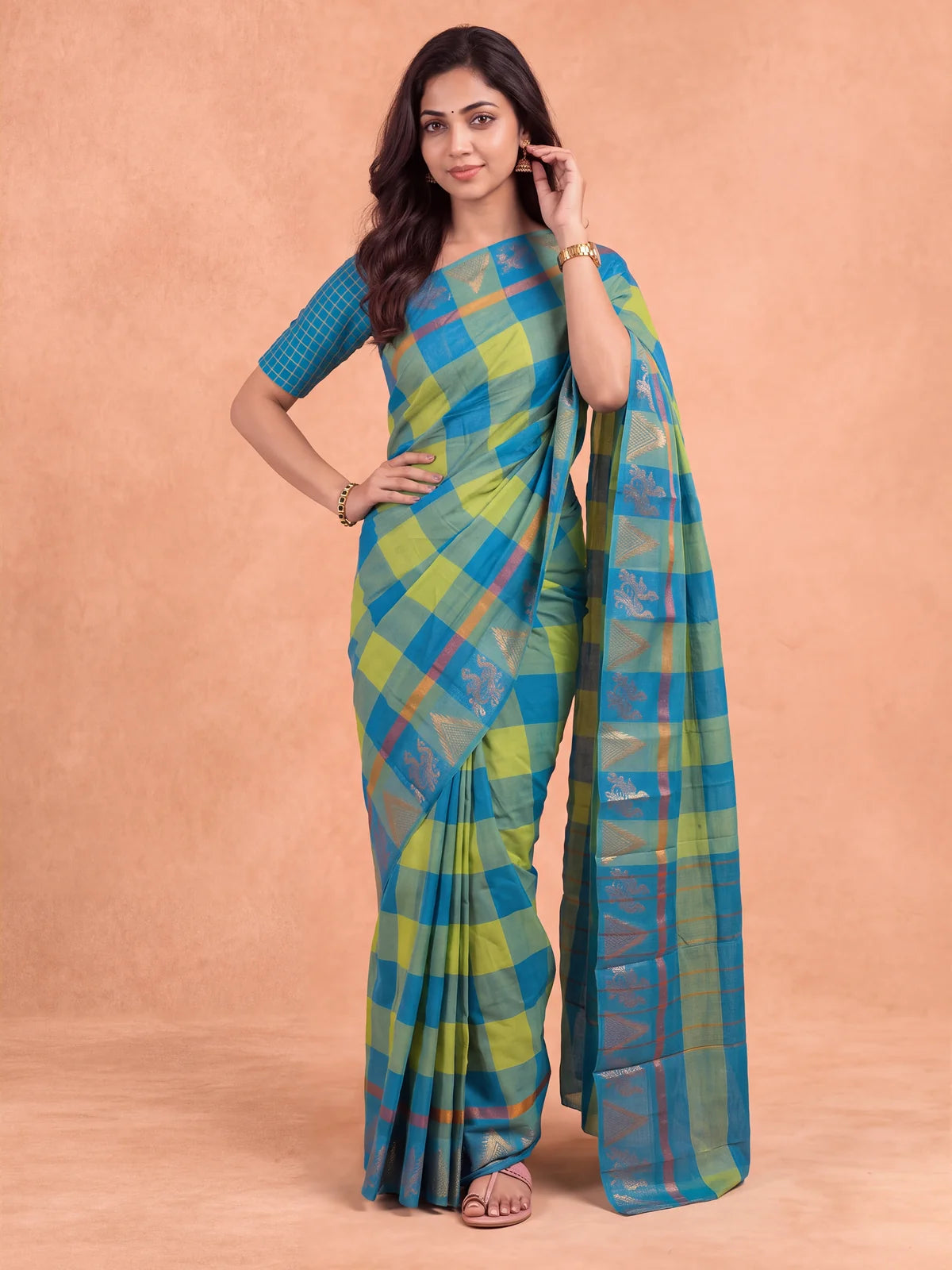 Ramyyam Women Chettinad Cotton Blue with Green Saree CCS19