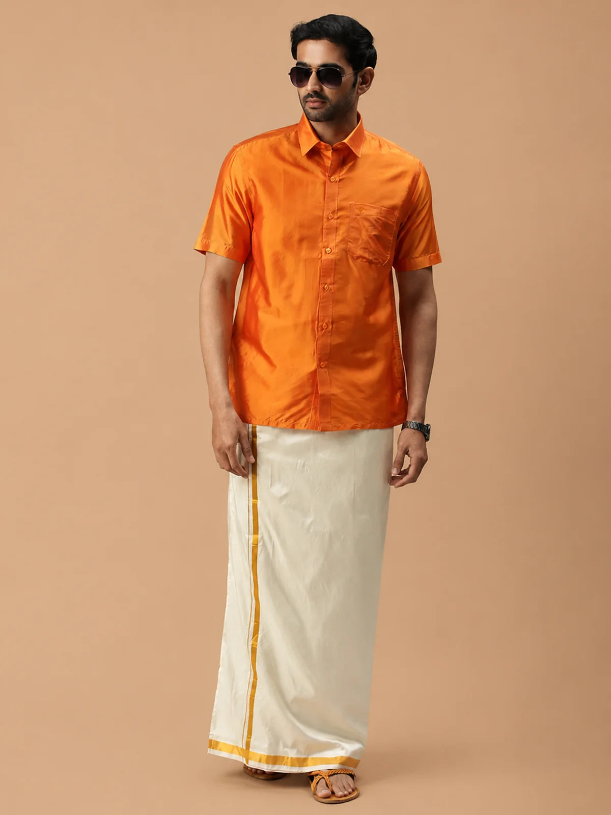Ramraj Silk Feel Golden Orange Shirt - Regular Fit
