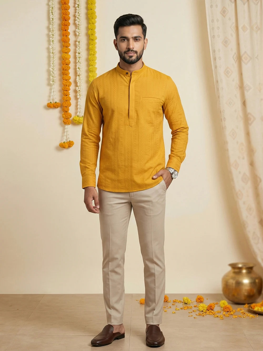 Ramraj Cotton Short Length Self Design Pocket Kurta Turmeric Yellow Y31