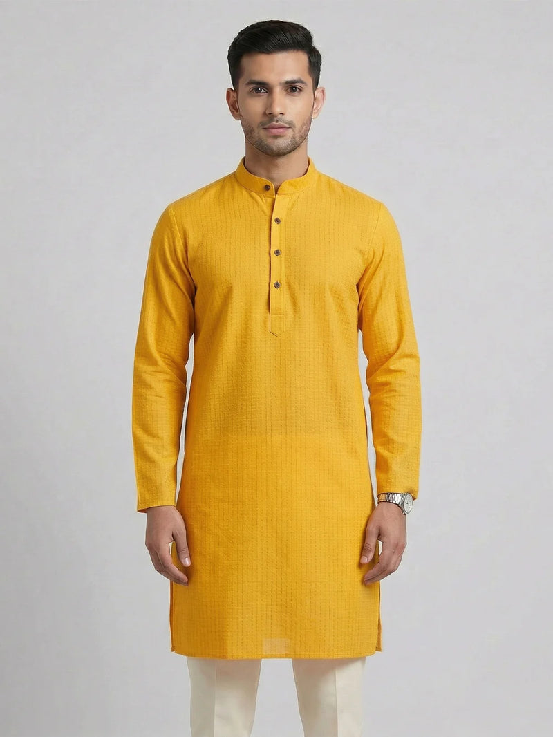 Ramraj Cotton Full Length Self Design Pocket Kurta Orangy Yellow Y4