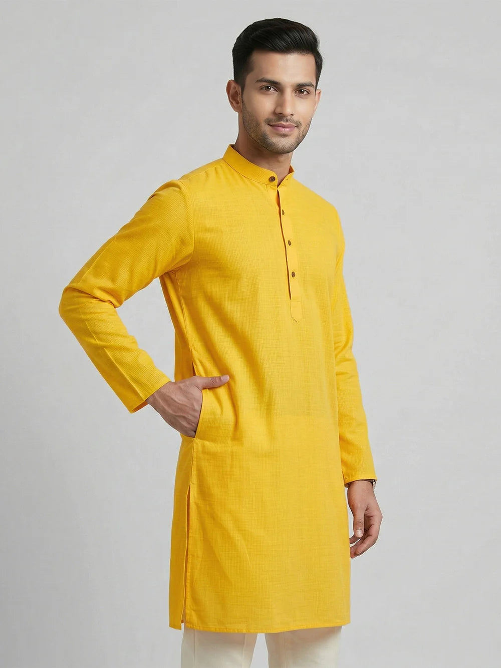 Ramraj Cotton Medium Length Self Design Pocket Kurta Yellow D2