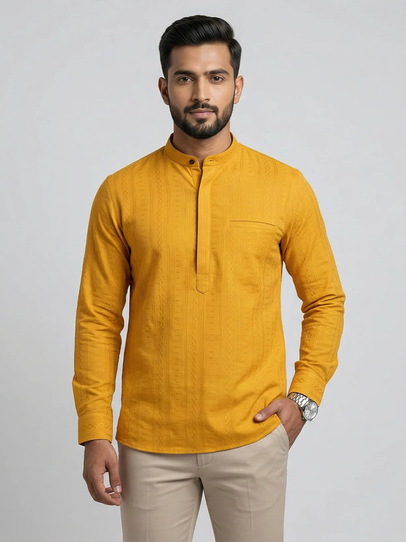 Ramraj Cotton Short Length Self Design Pocket Kurta Turmeric Yellow Y31