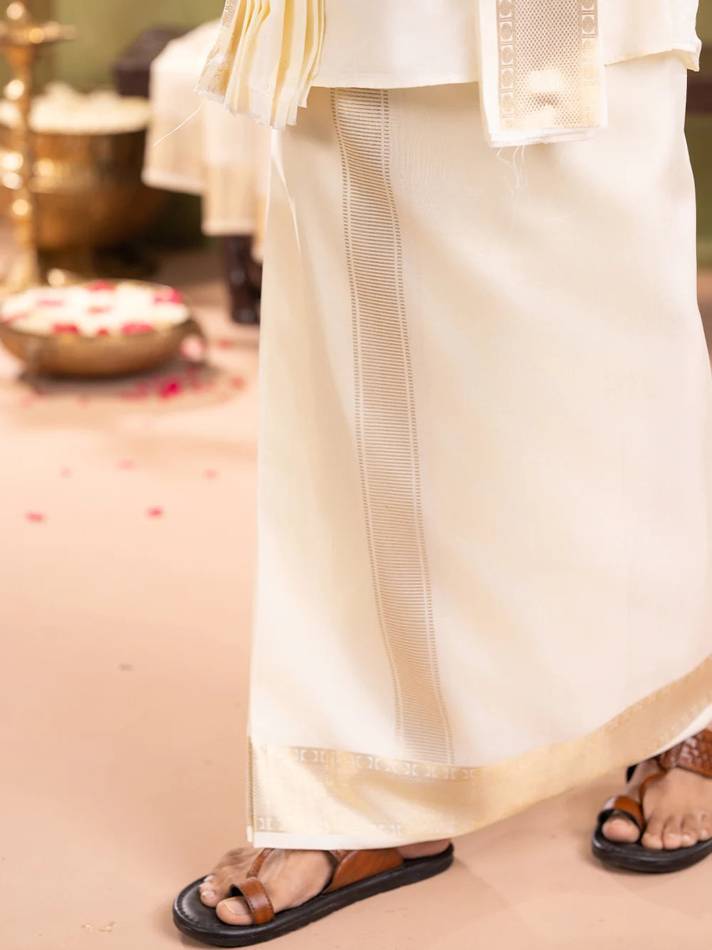Ramraj Premium Pure Silk Cream Dhoti & Towel Set with 3" Jari Border – Virutcham