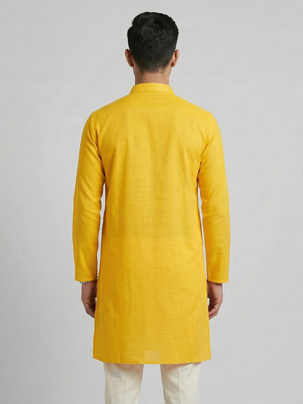 Ramraj Cotton Medium Length Self Design Pocket Kurta Yellow D2