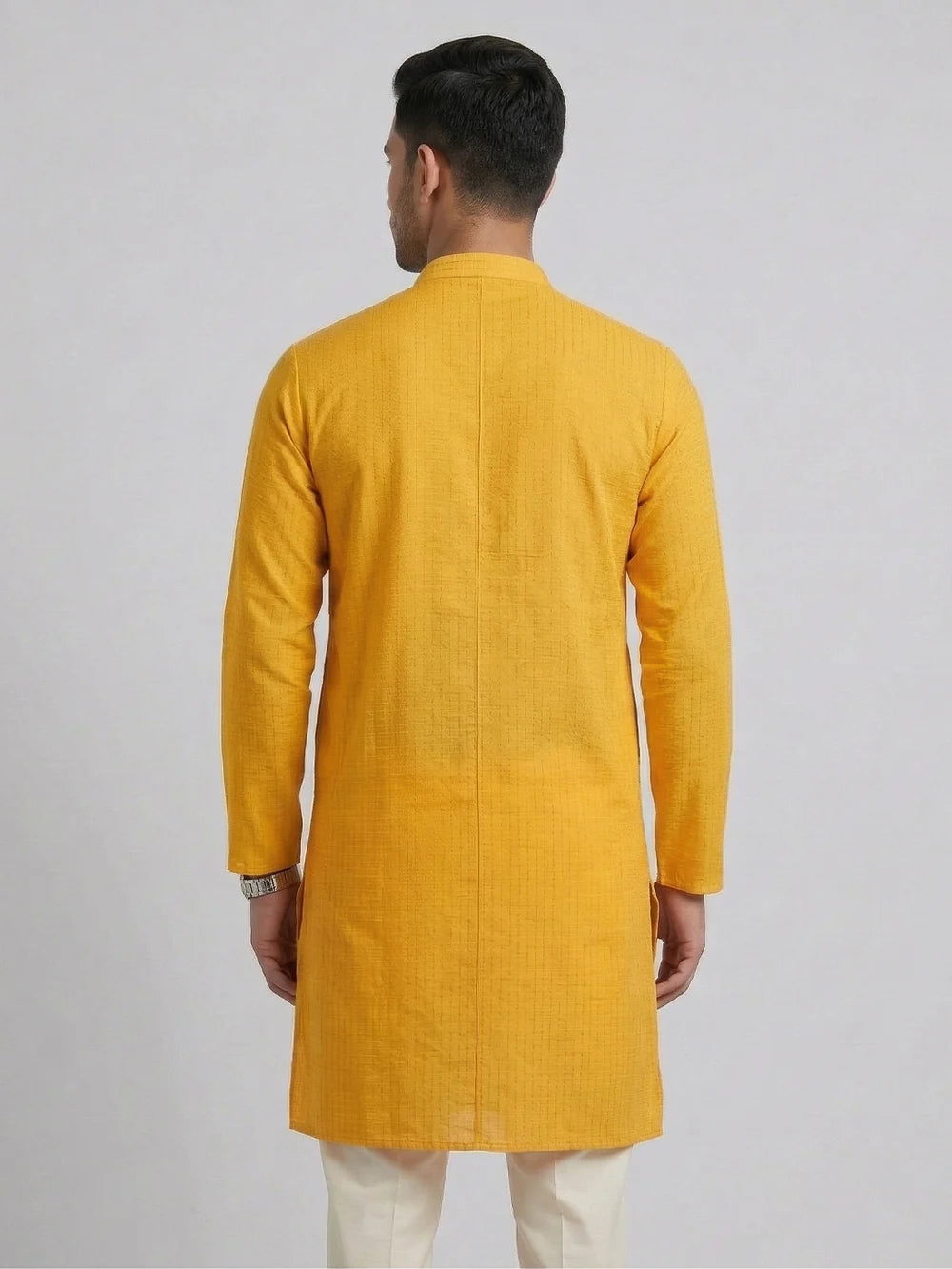 Ramraj Cotton Full Length Self Design Pocket Kurta Orangy Yellow Y4