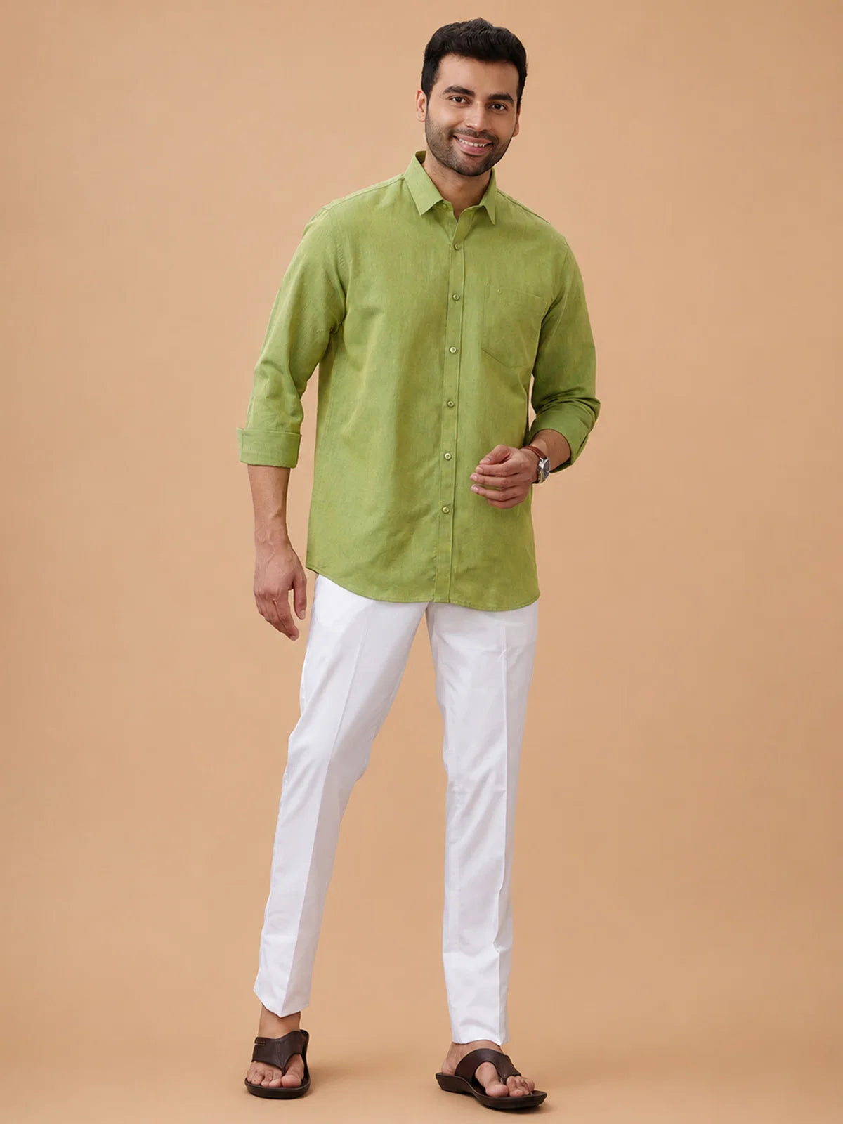 Ramraj Linen Cotton Yellowish Green Regular Fit Shirt LF9