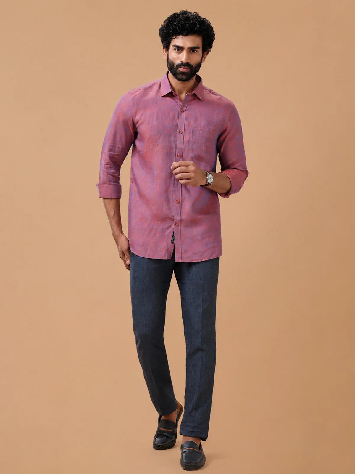 Ramraj Pure Linen Blue Orange Smart Fit Shirt L75