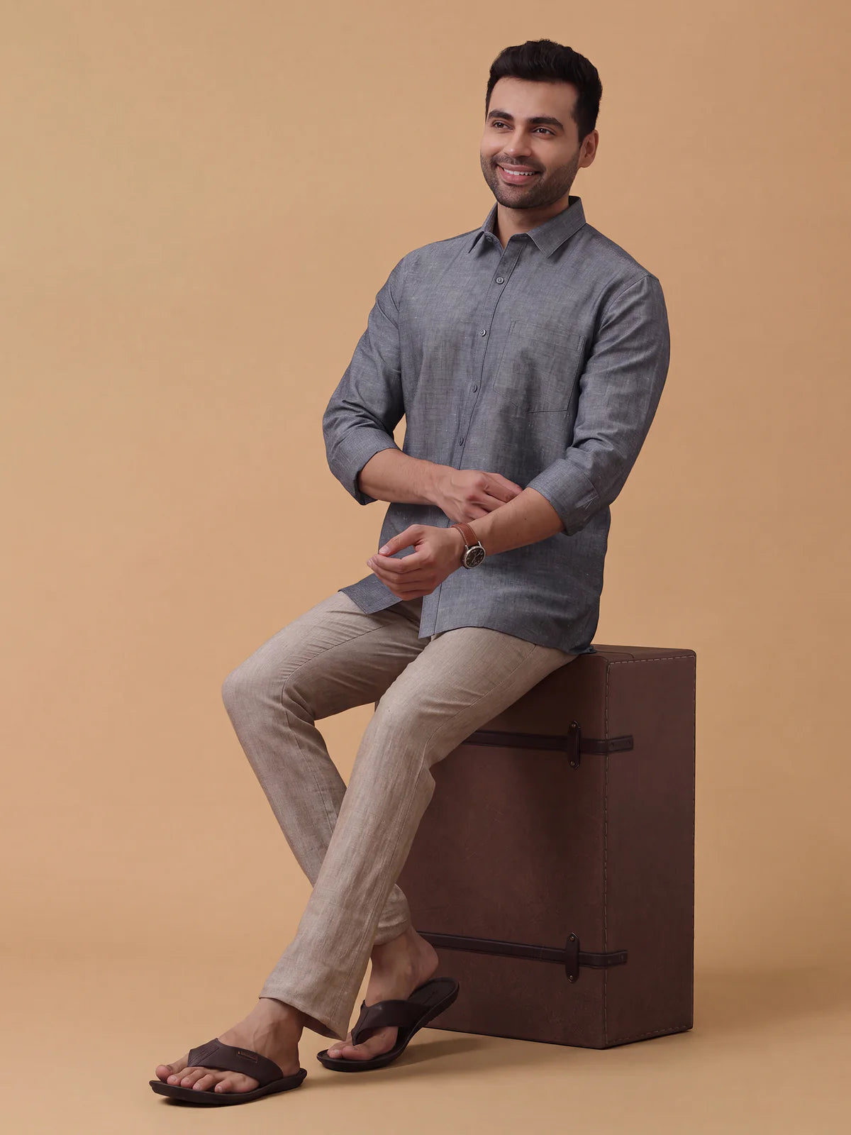 Ramraj Linen Cotton Grey Regular Fit Shirt LF7