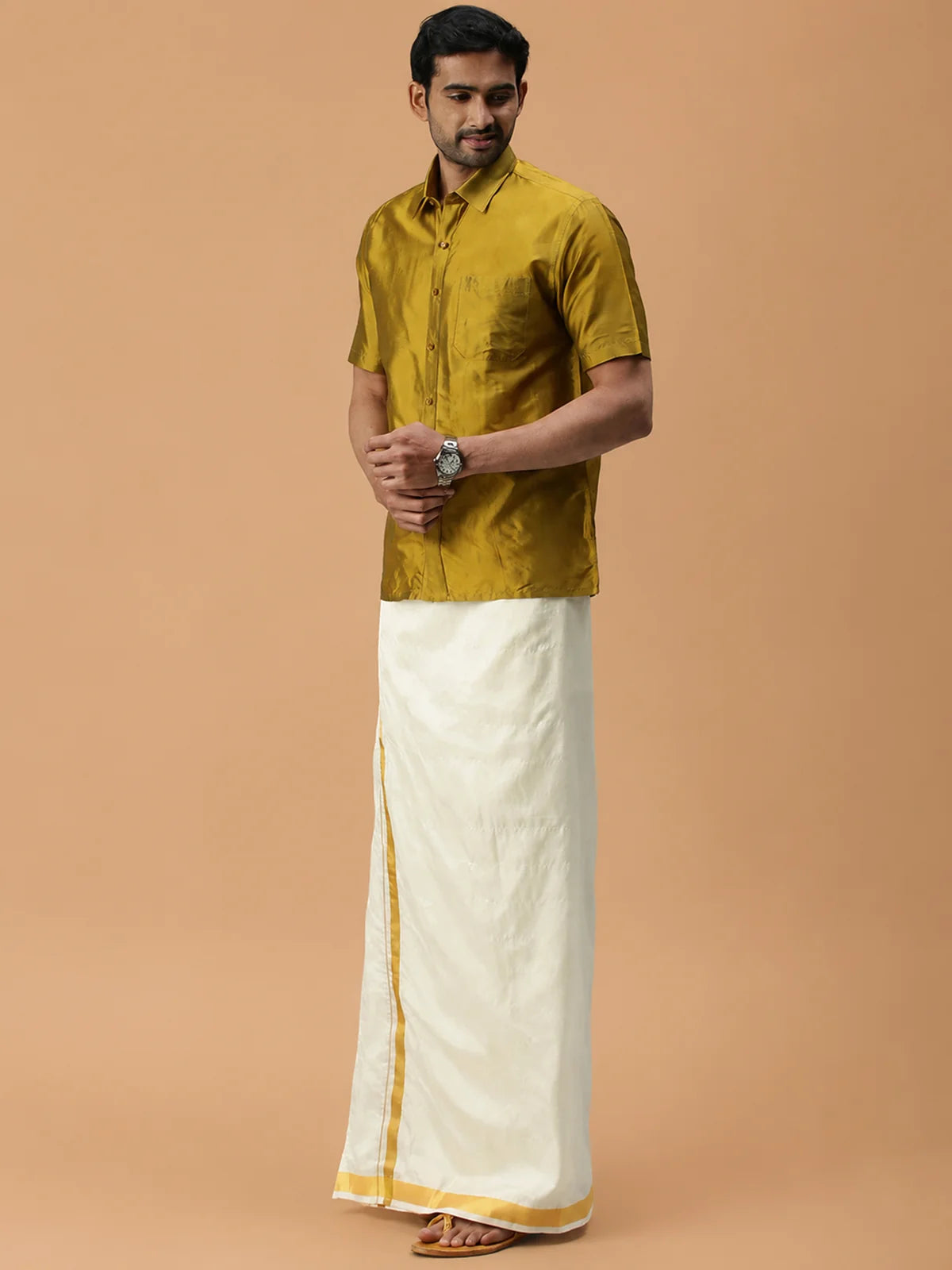Ramraj Silk Feel Olive Green Shirt - Regular Fit