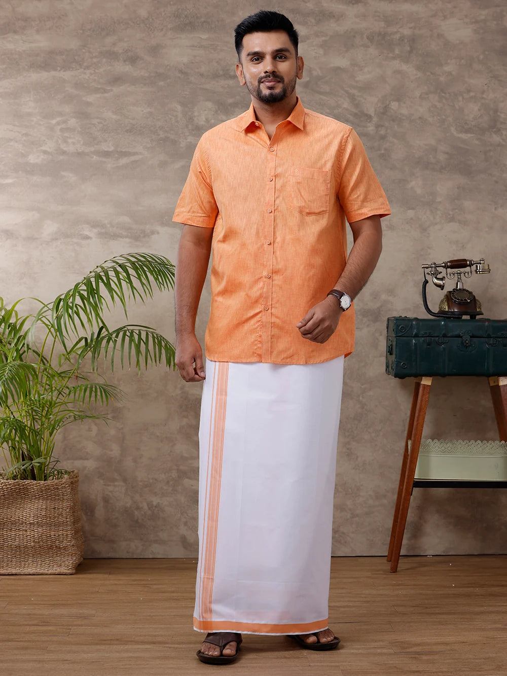 Ramraj Cotton Rich Orange Shirt with Matching Border Dhoti Set C2