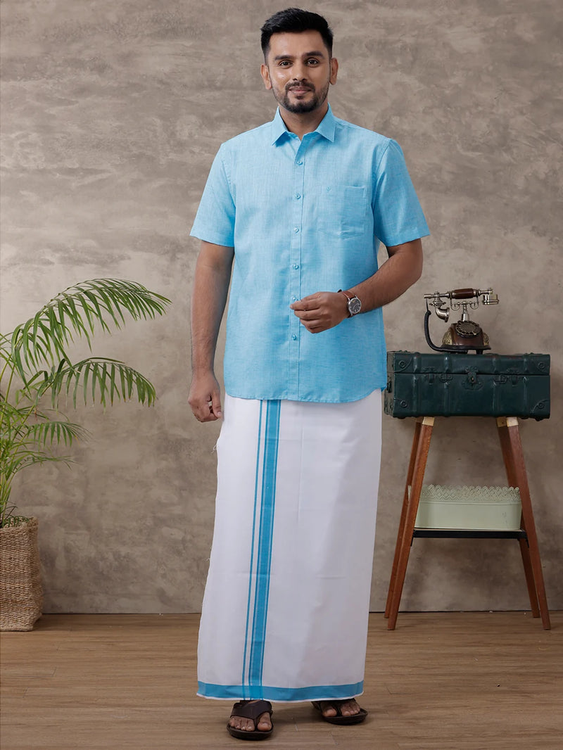 Ramraj Cotton Rich Blue Shirt with Matching Border Dhoti Set C11