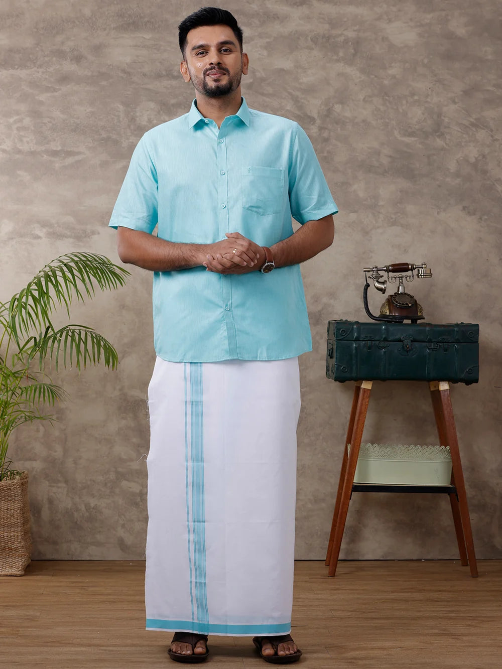 Ramraj Cotton Rich Blue Shirt with Matching Border Dhoti Set C50